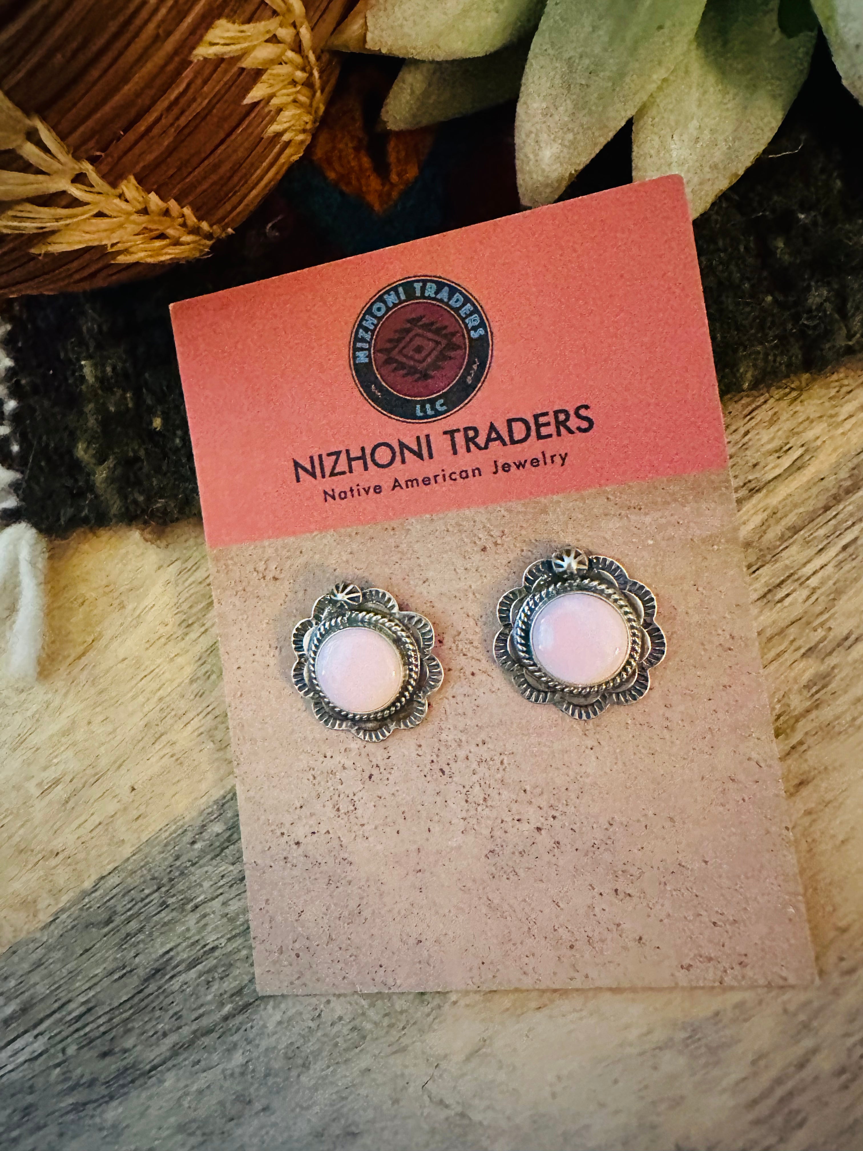 Handcrafted Queen Pink Conch & Sterling Silver Stud Earrings