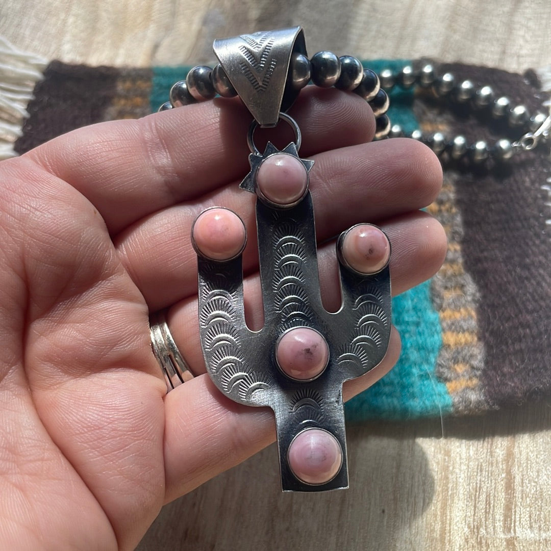 Handcrafted Sterling Silver Pink Conch Saguaro Cactus Pendant Signed