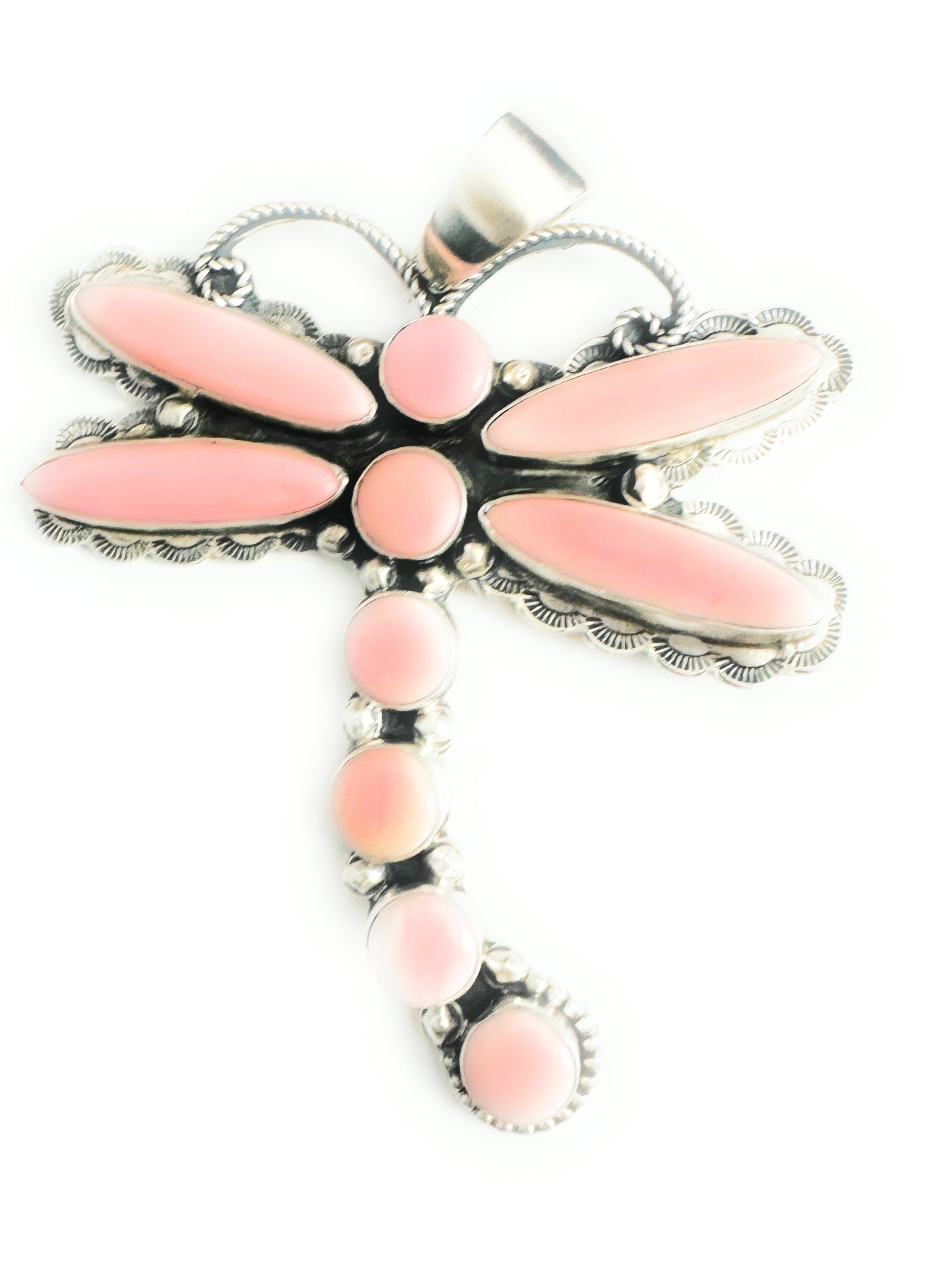 Navajo Queen Pink Conch & Sterling Silver Dragonfly Pendant By Tina Benally