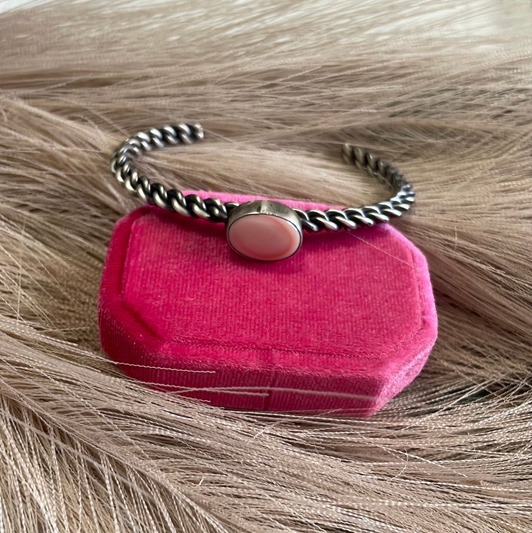 Handcrafted Oval Pink Conch & Sterling Silver Adjustable Cuff Bracelet
