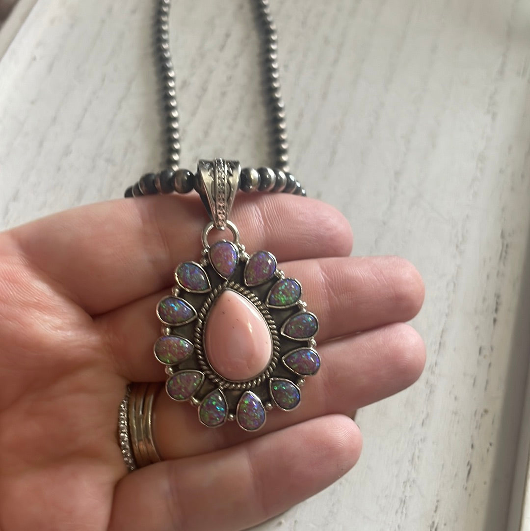Handmade Pink Conch, Purple Fire Opal & Sterling Silver Flower Pendant