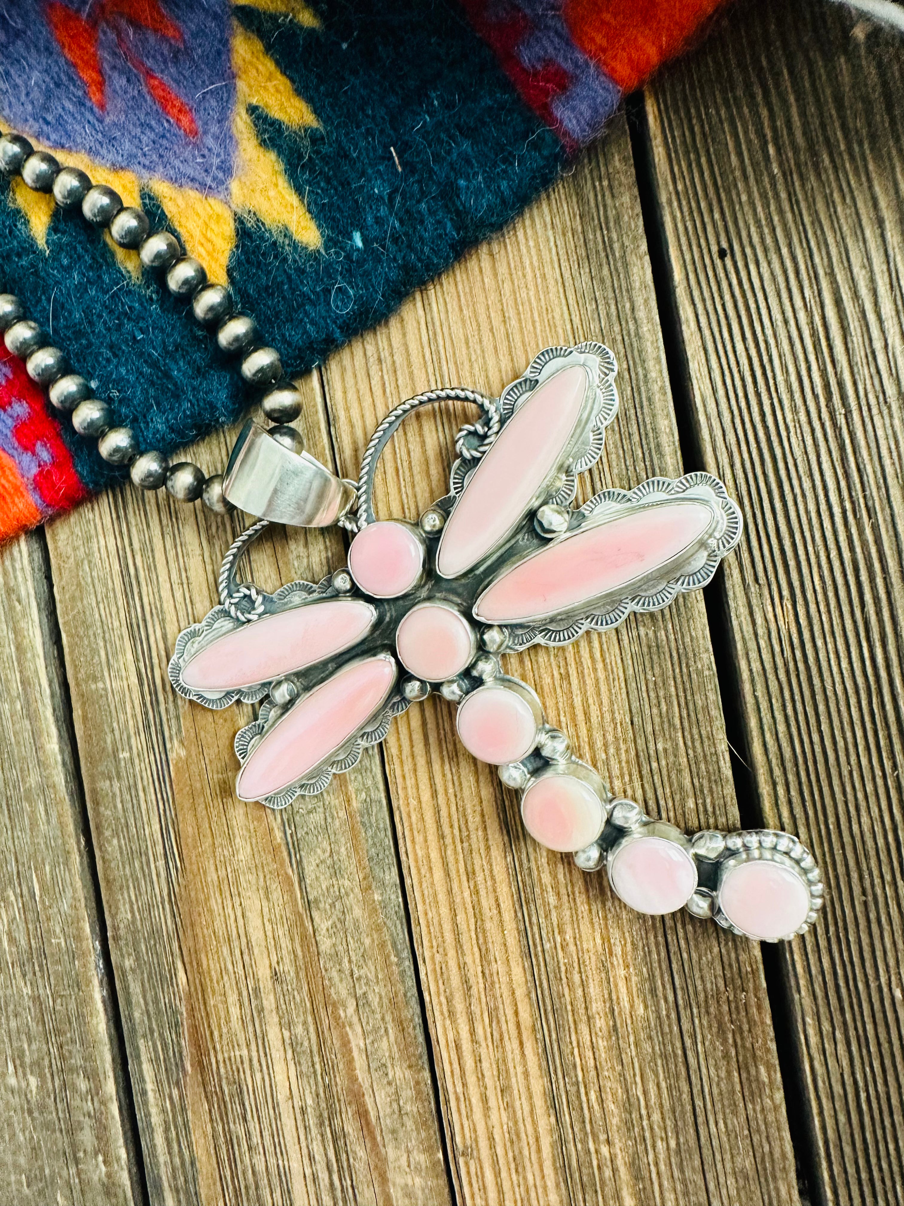 Navajo Queen Pink Conch & Sterling Silver Dragonfly Pendant By Tina Benally
