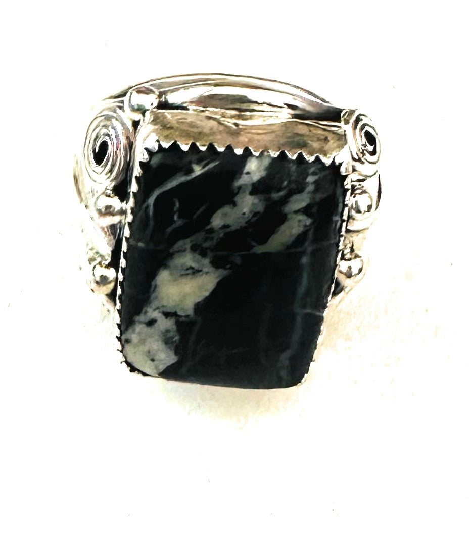 Handcrafted Sterling Silver & White Buffalo Band Ring Signed