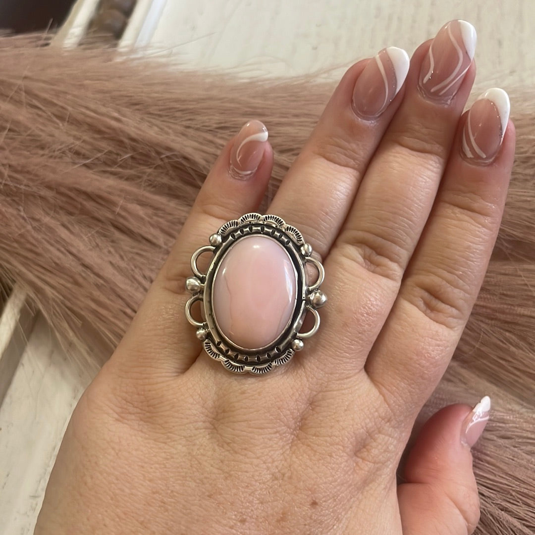 Gorgeous Navajo Pink Peruvian Opal And Sterling Silver Adjustable Ring