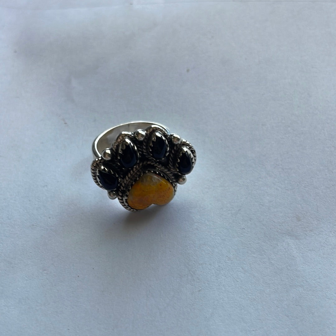 Handmade Bear Paw Black Onyx, Bumble Bee & Sterling Silver Adjustable Ring