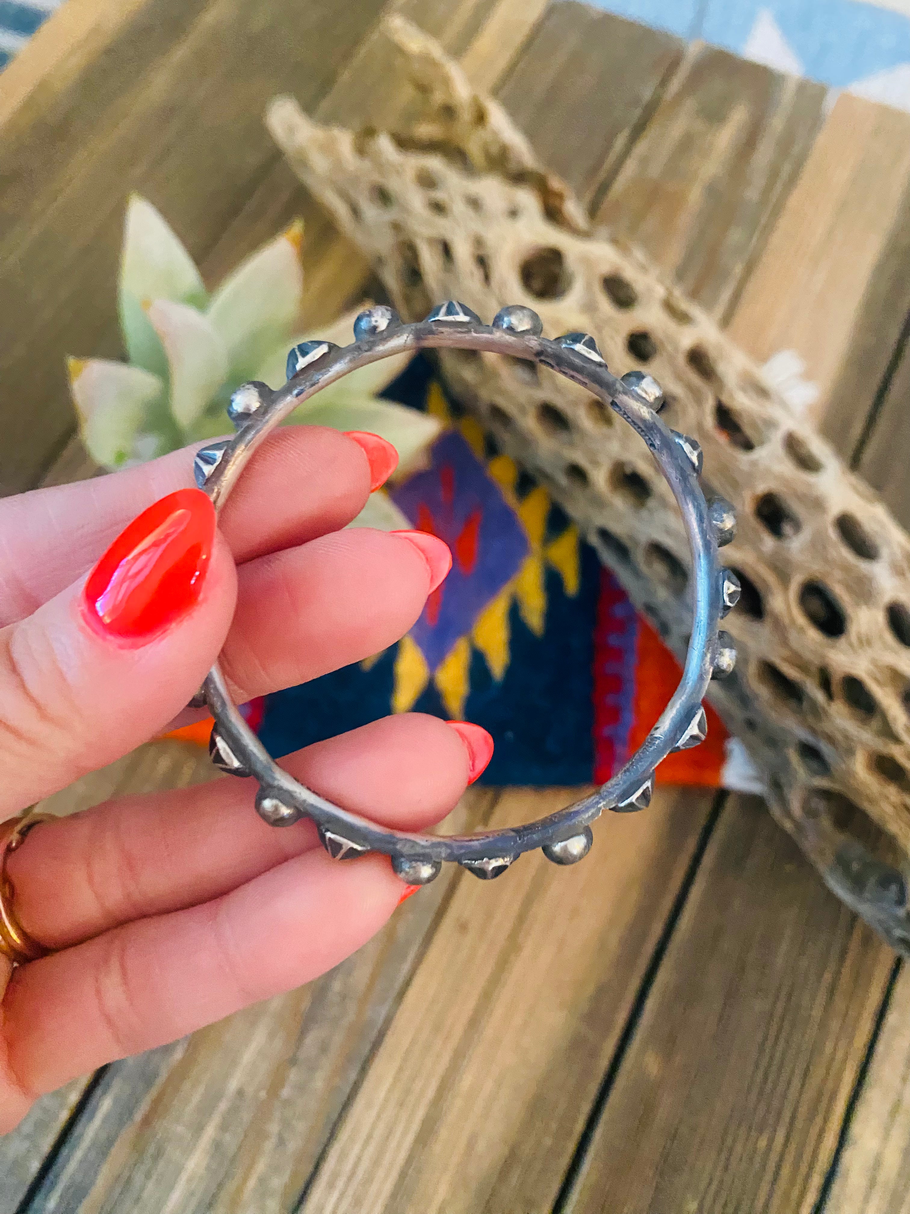 Handcrafted Hand Stamped Sterling Silver Bangle Bracelet by Chimney Butte