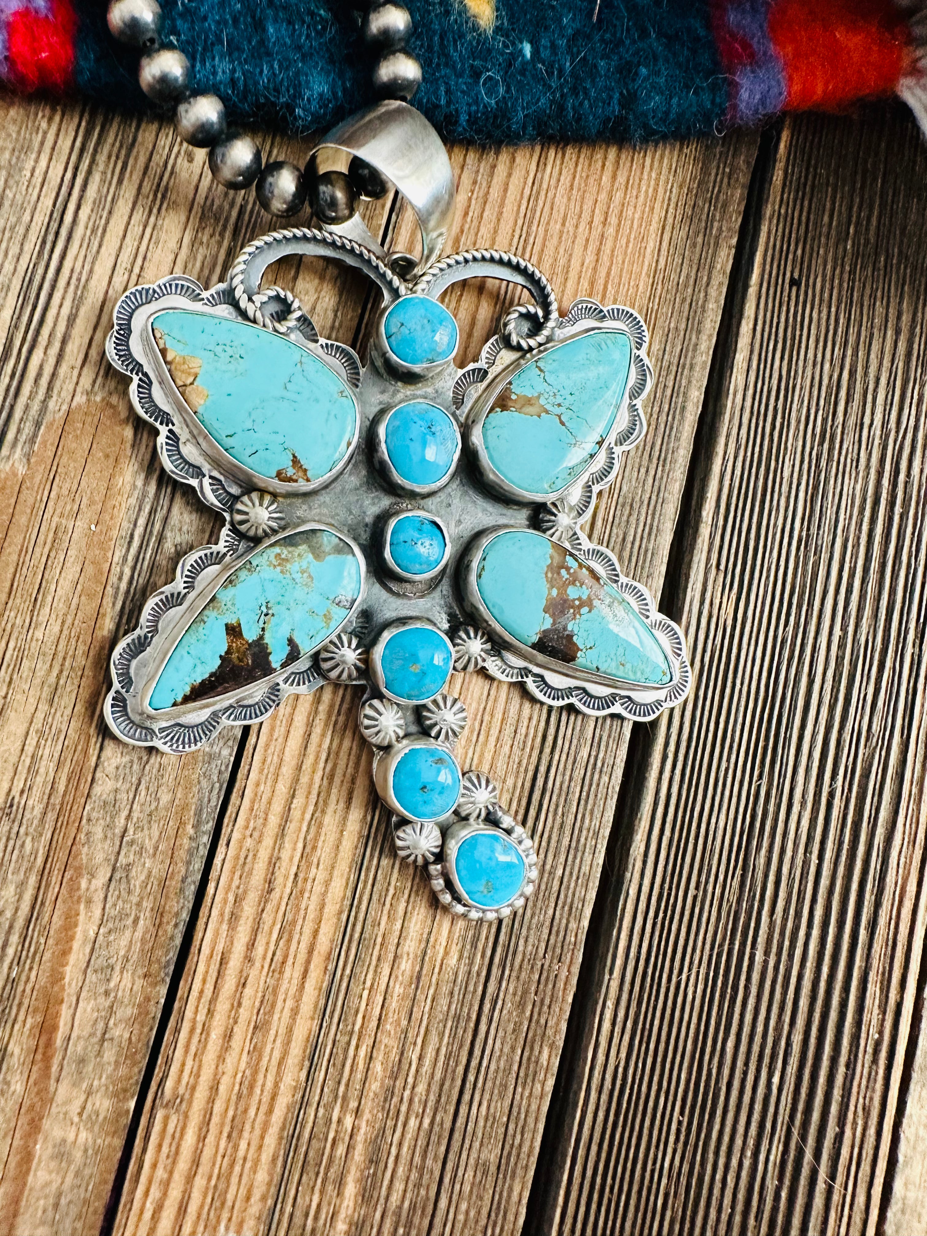 Navajo Turquoise & Sterling Silver Dragonfly Pendant By Tina Benally