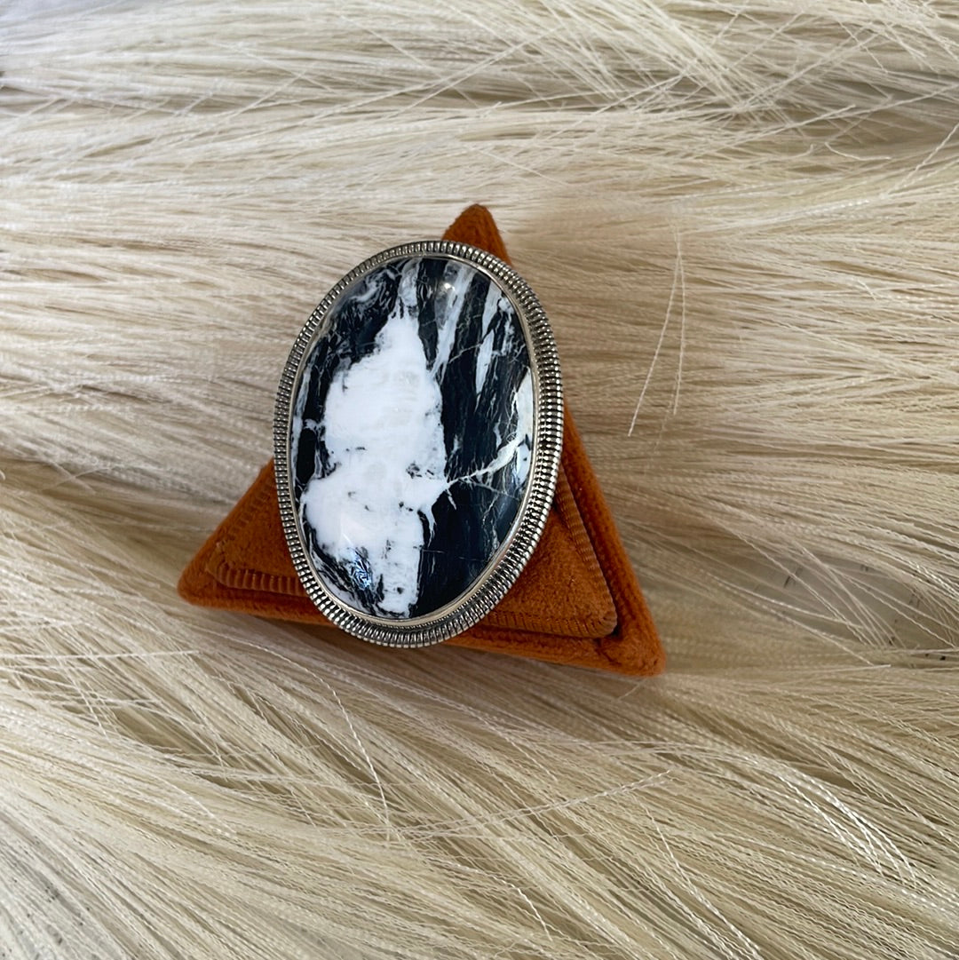 Handcrafted Sterling Silver & White Buffalo Adjustable Ring Signed