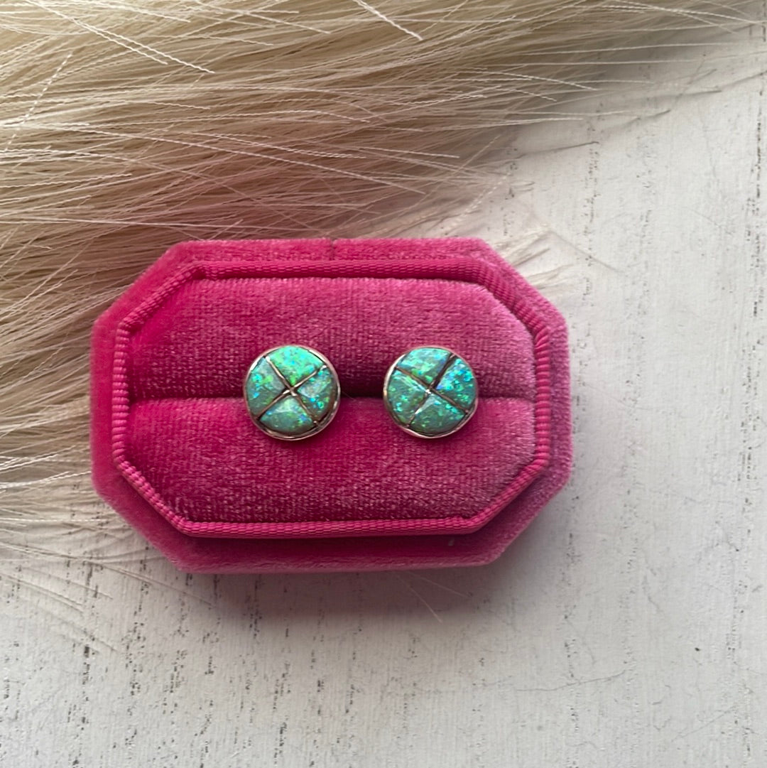 Navajo Green Opal Inlay & Sterling Silver Stud Earrings