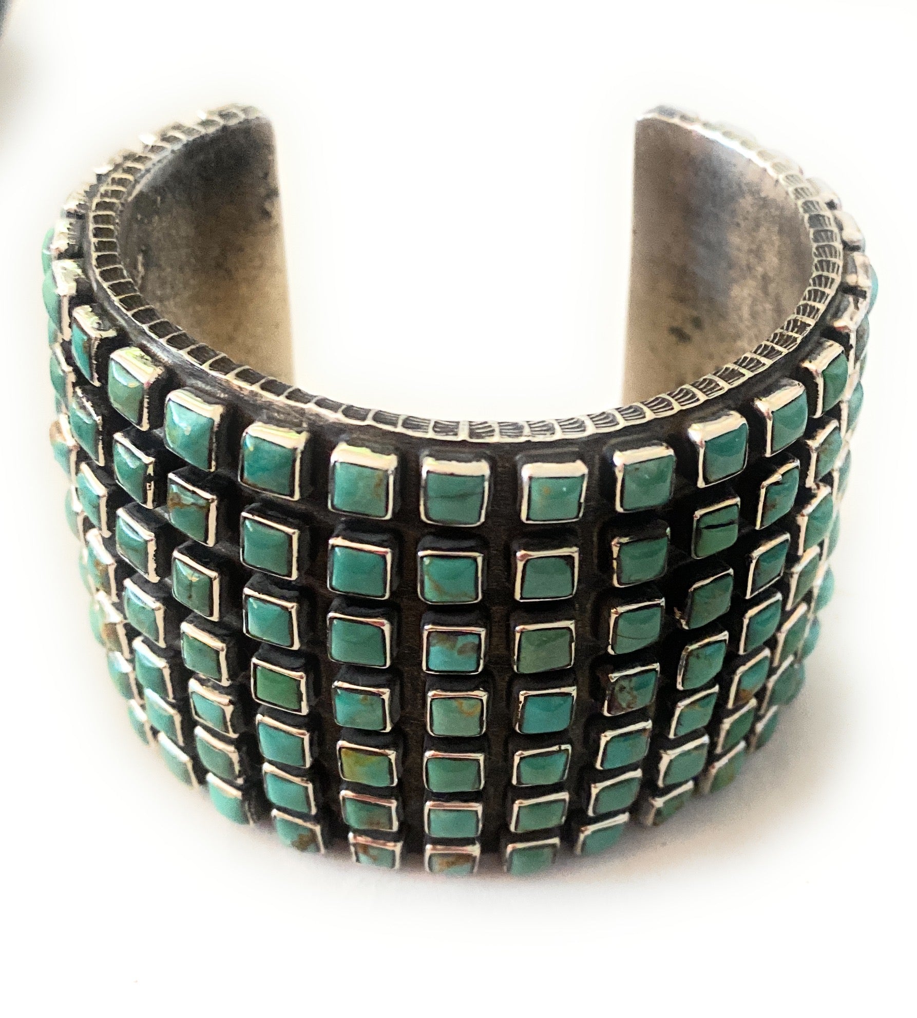 Handcrafted Kingman Turquoise And Sterling Silver Cluster Cuff Bracelet By Ernest Rangel /