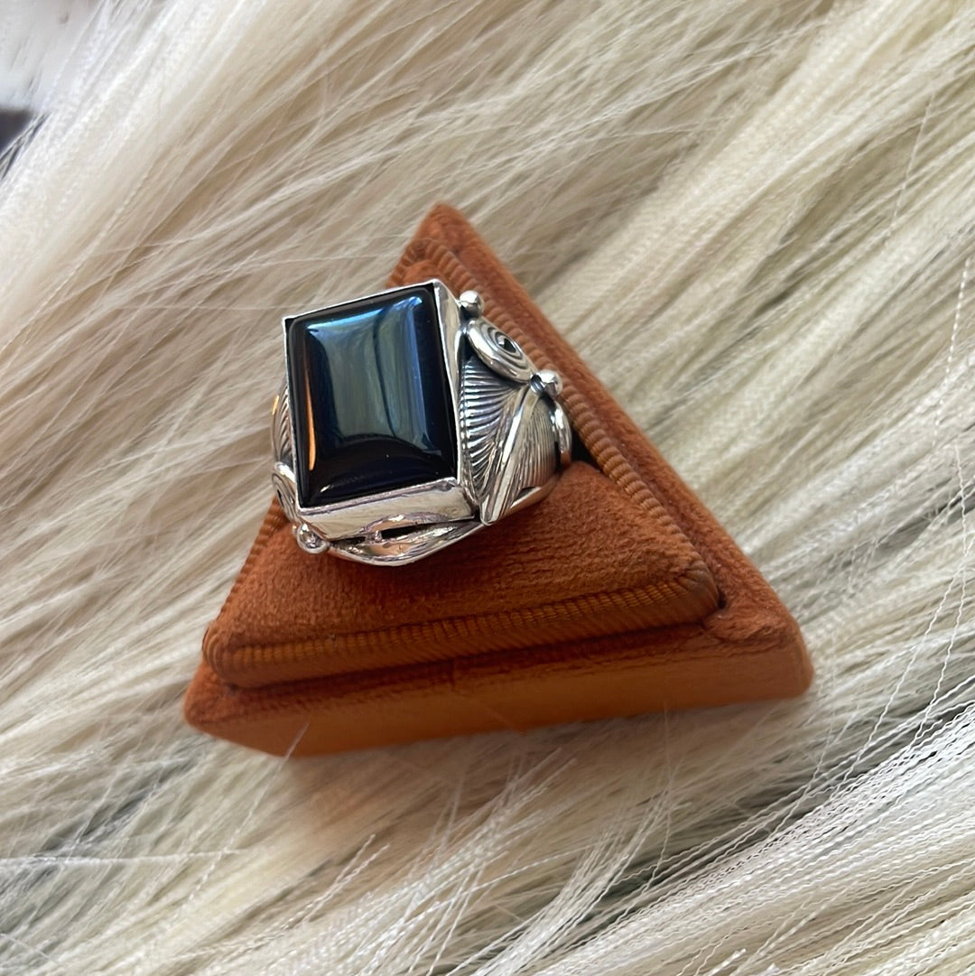 Handcrafted Sterling Silver & Black Onyx Rectangluar Ring Size 9