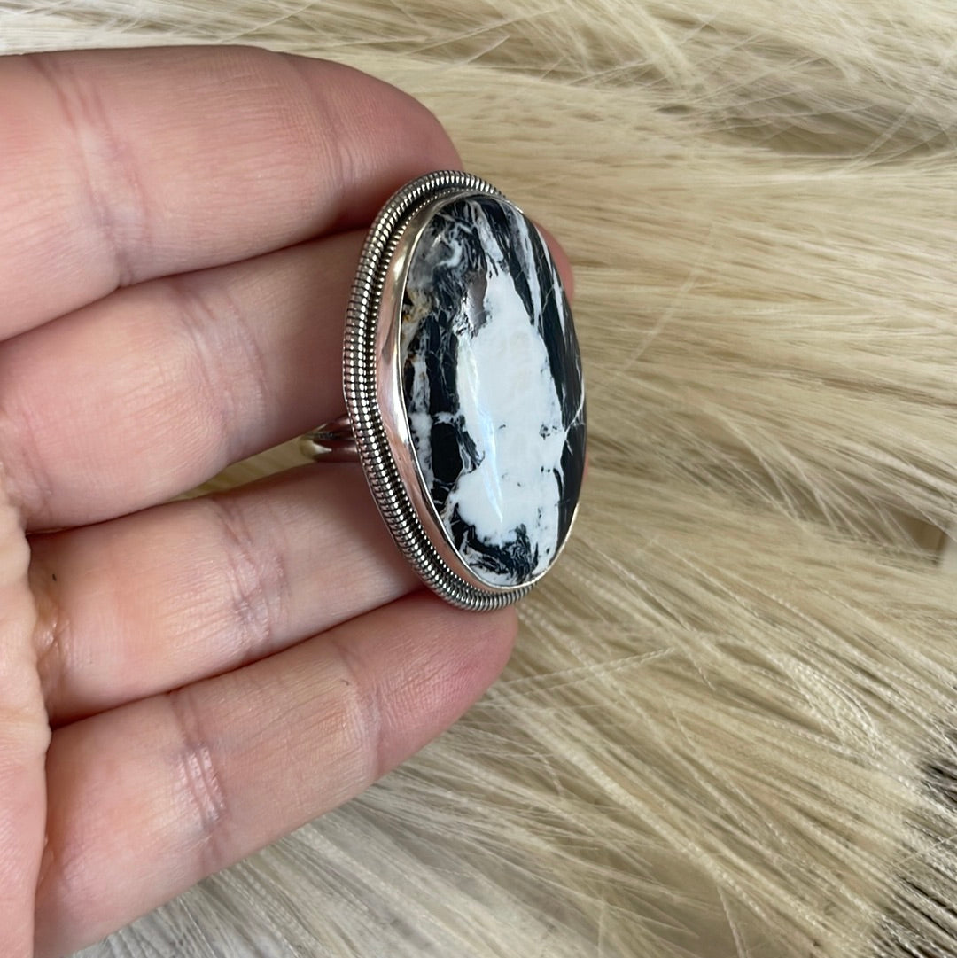 Handcrafted Sterling Silver & White Buffalo Adjustable Ring Signed