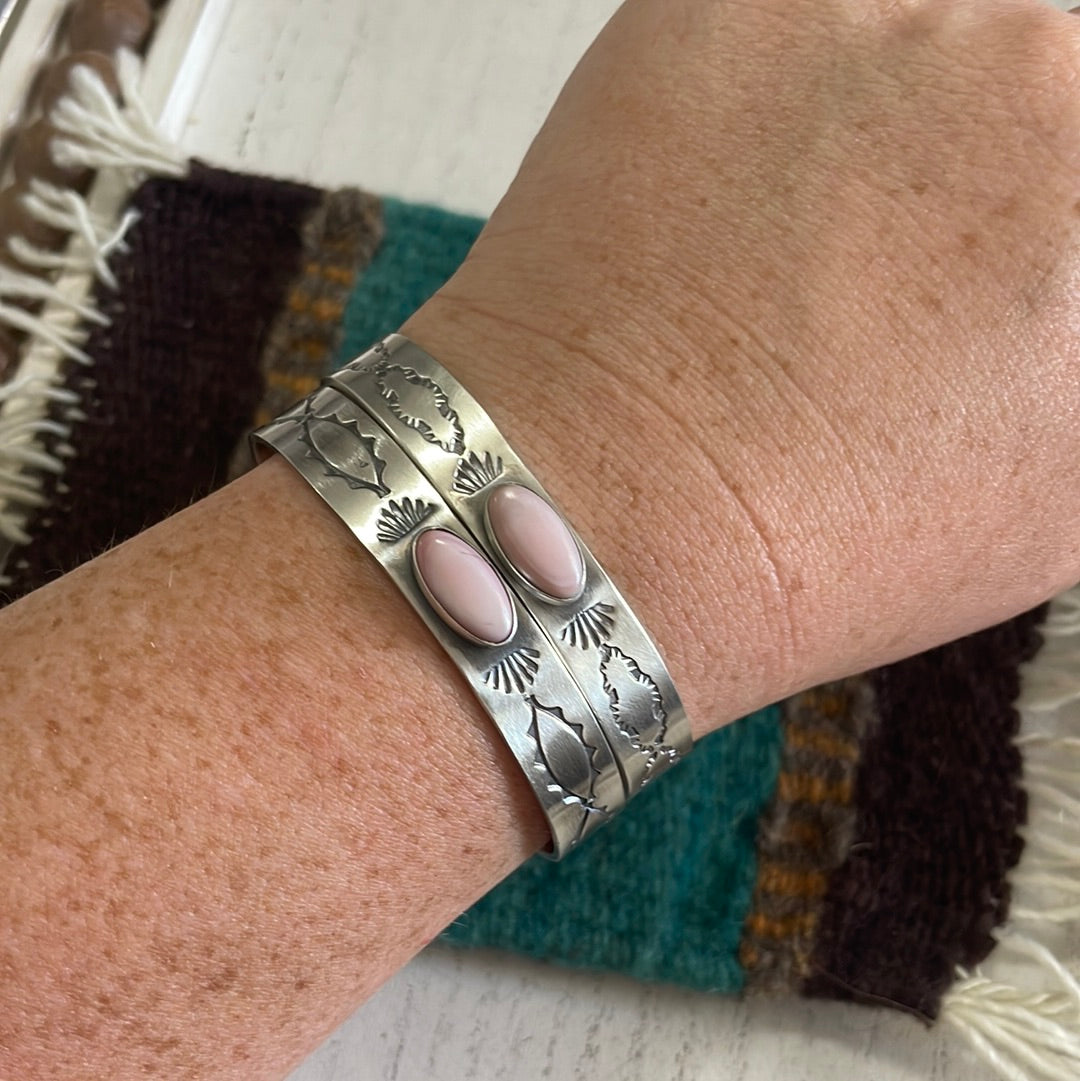 Pink Conch & Sterling Silver Adjustable Cuff Bracelet Signed