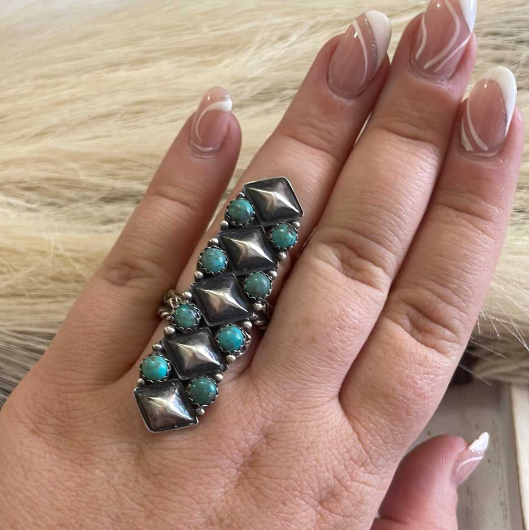 Handcrafted Turquoise Sterling Silver Adjustable Ring Signed Russell Sam