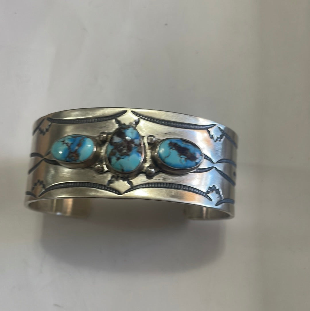Handcrafted Golden Hills Turquoise & Sterling Silver Cuff Bracelet Signed /