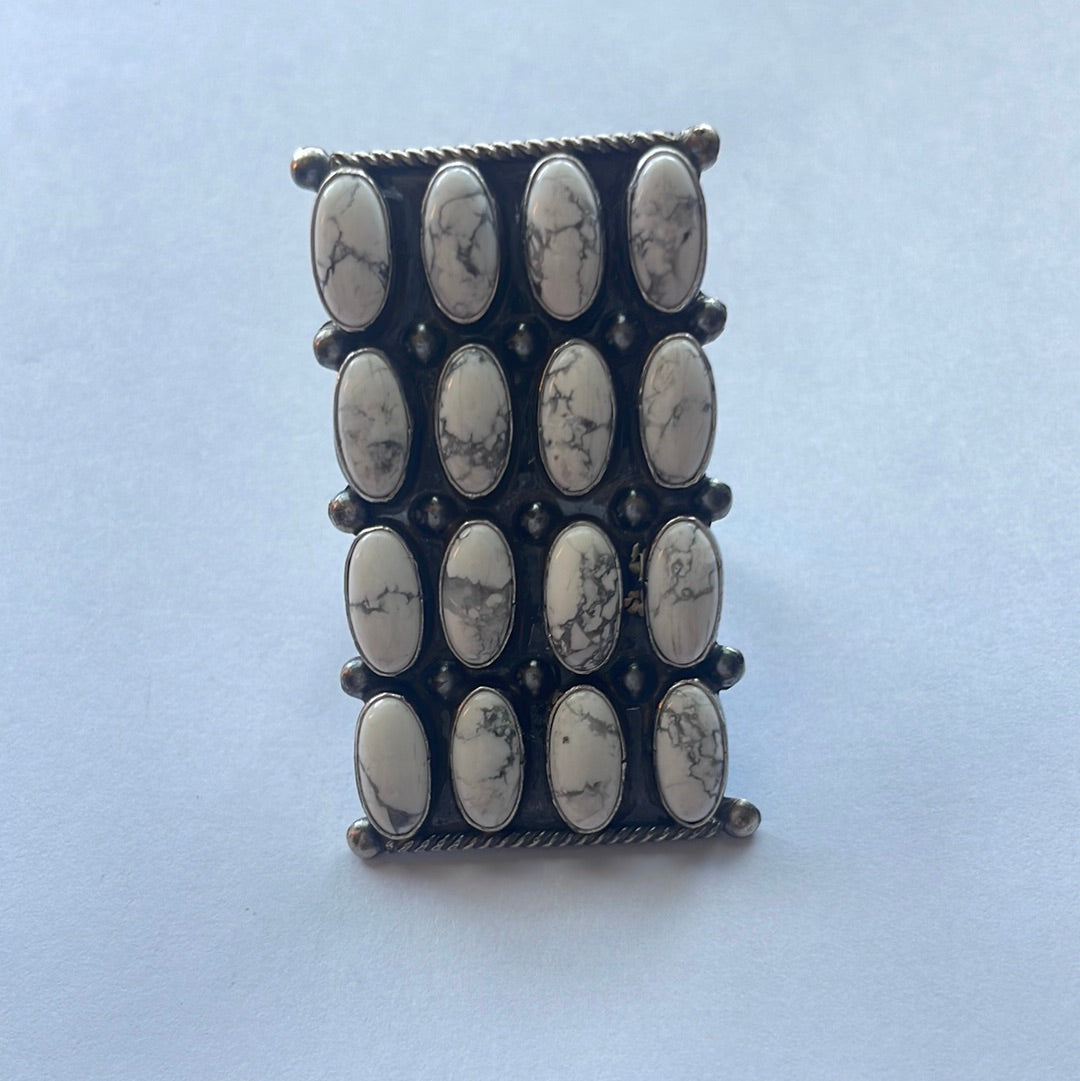 Handcrafted Sterling Silver & White Buffalo Cluster Ring Signed Jacquline Silver