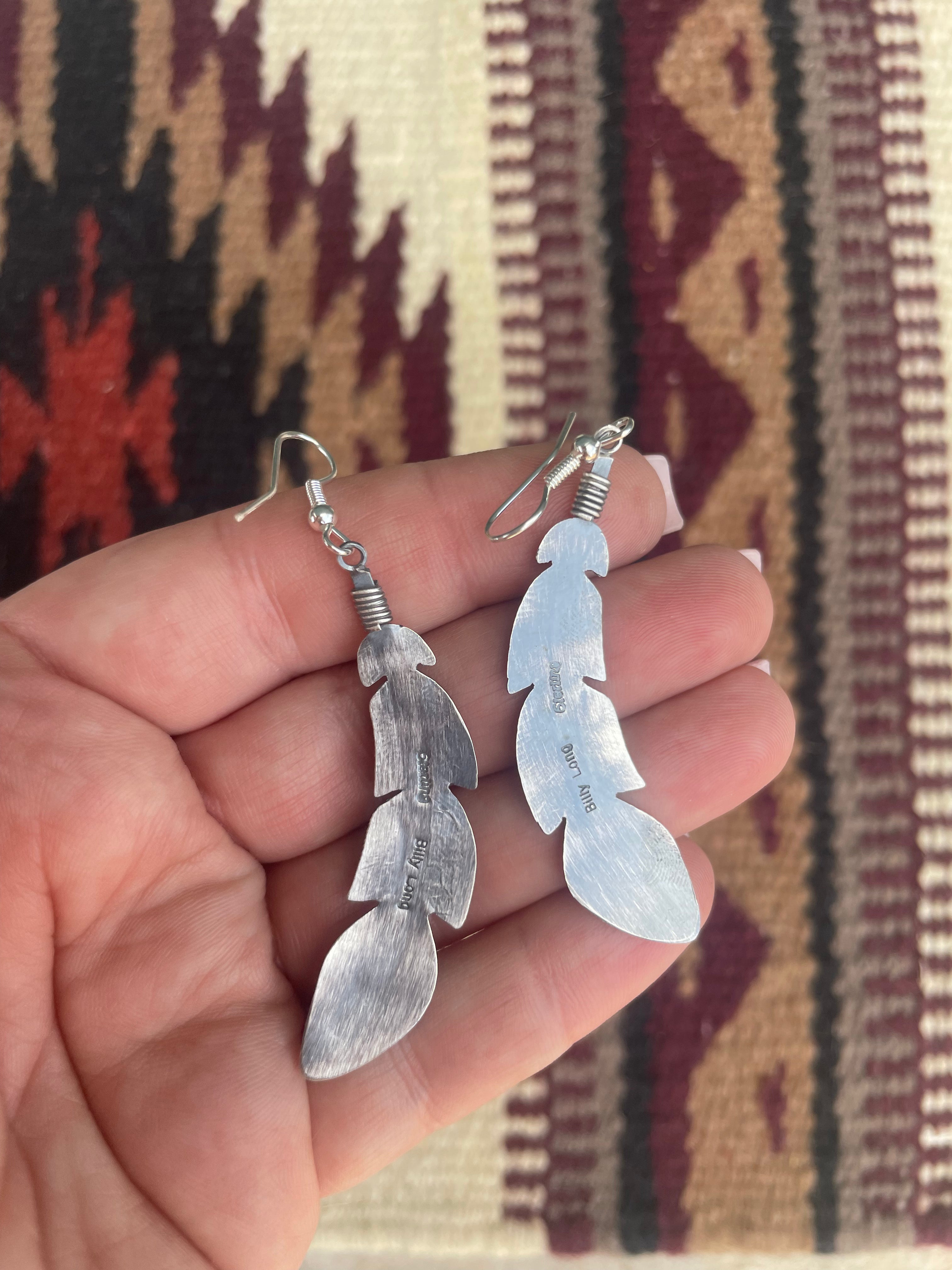 Handcrafted Sterling Silver Feather Dangle Earrings Signed Billy Long