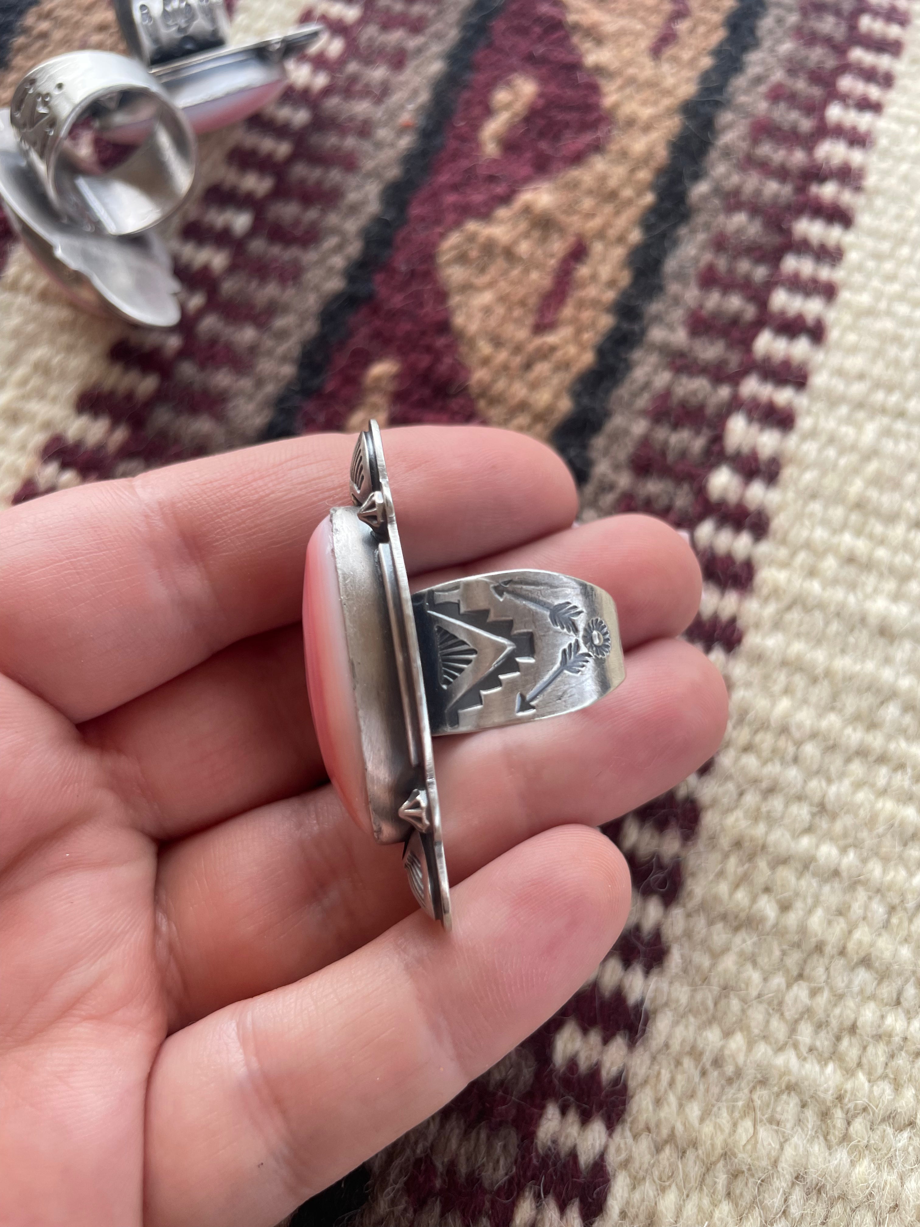 Handcrafted Sterling Silver & Pink Conch Oval Ring Signed