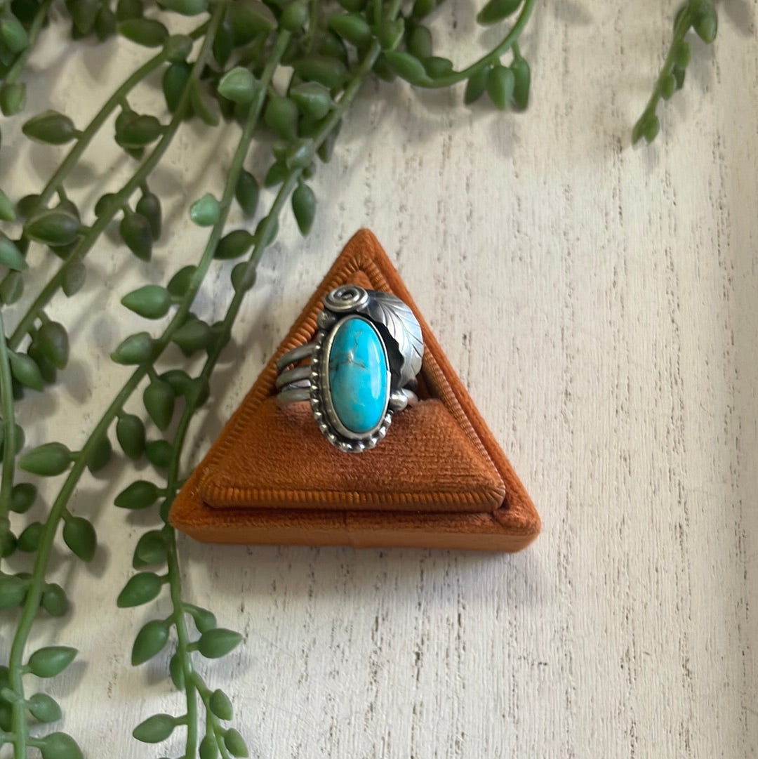Handcrafted Turquoise & Sterling Silver Feather Ring Signed