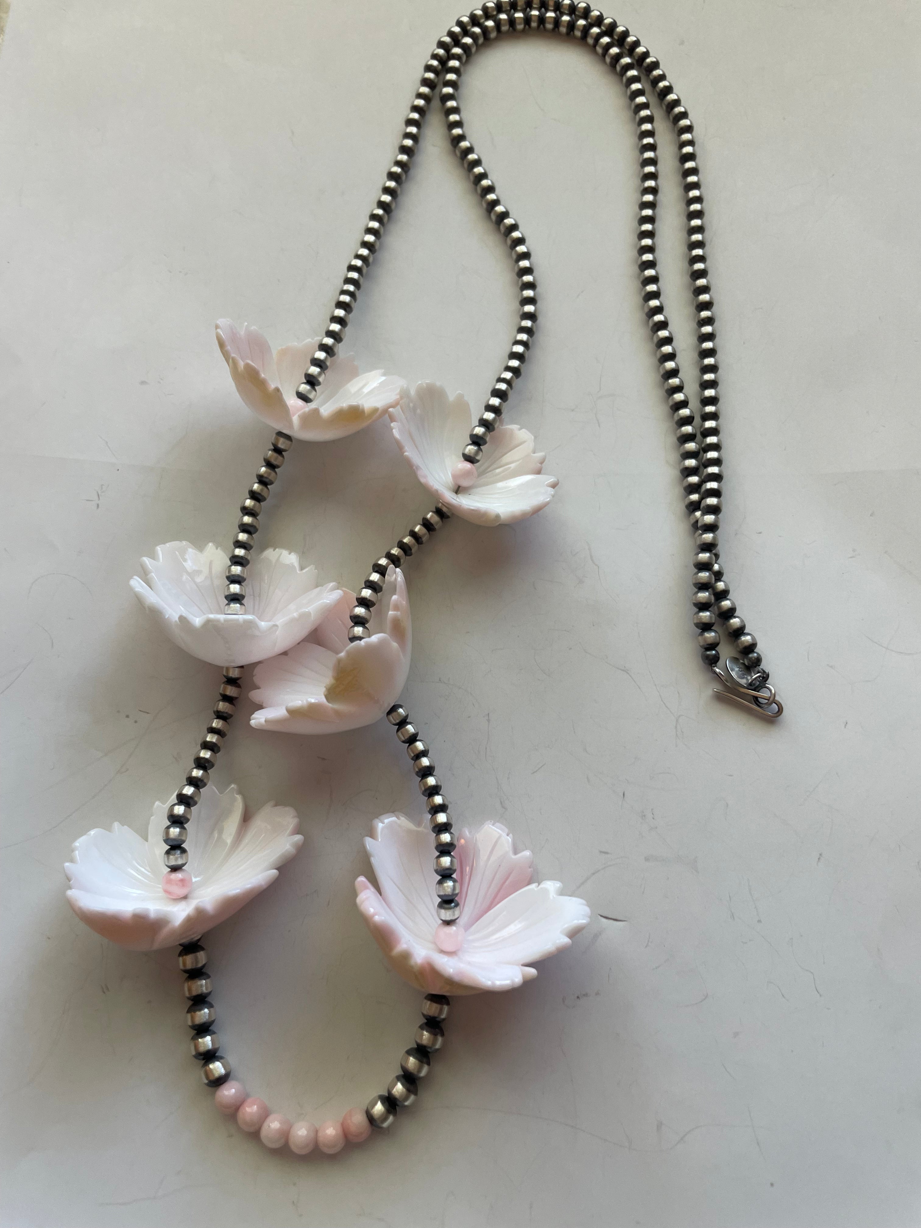 Handcrafted Pink Conch & Sterling Silver Flower Beaded Necklace 36”