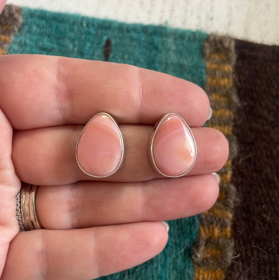 Handcrafted Sterling Silver & Pink Conch Tear Drop Stud Earrings Signed