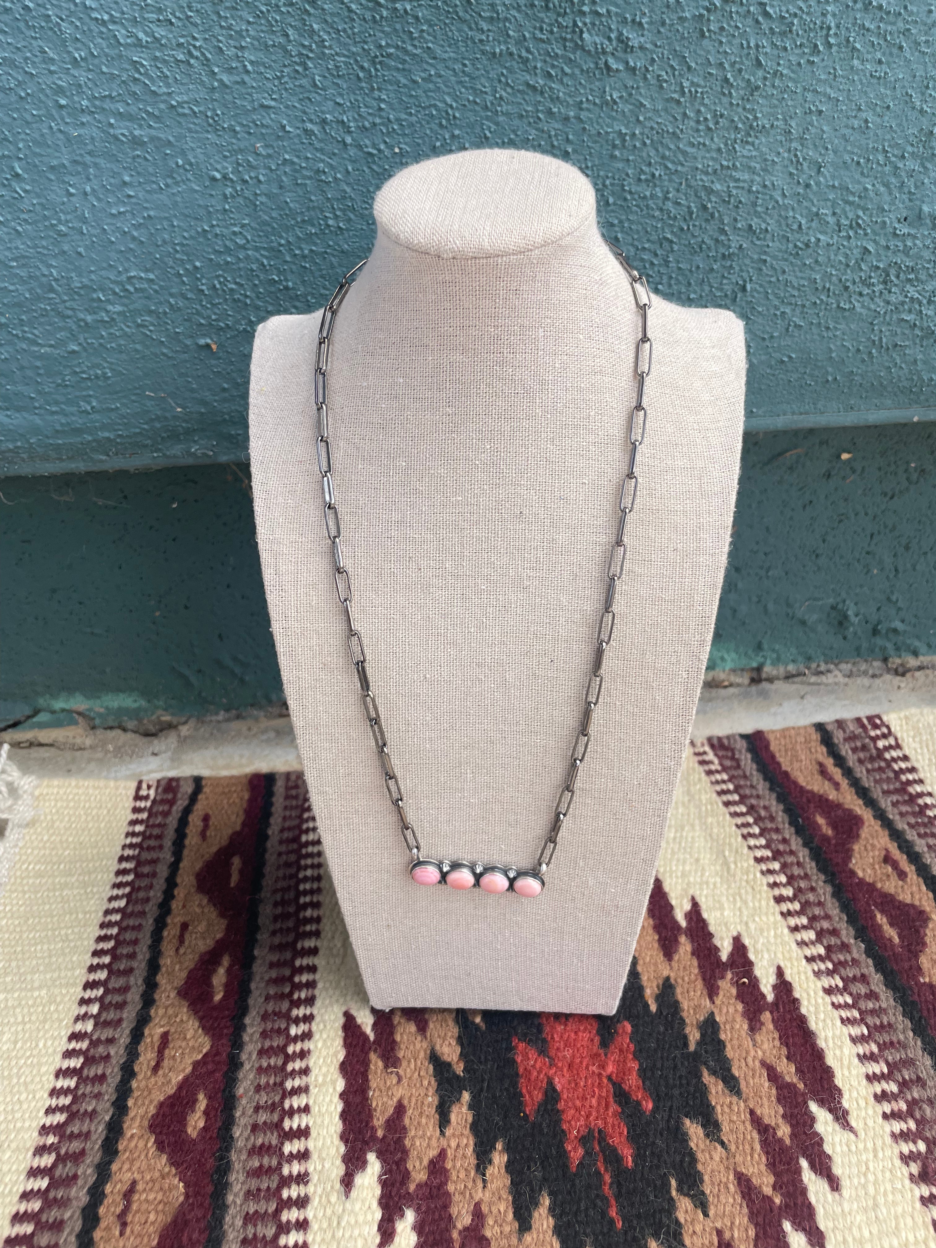 Handcrafted Queen Pink Conch Shell And Sterling Silver 4 Stone Bar Necklace Signed