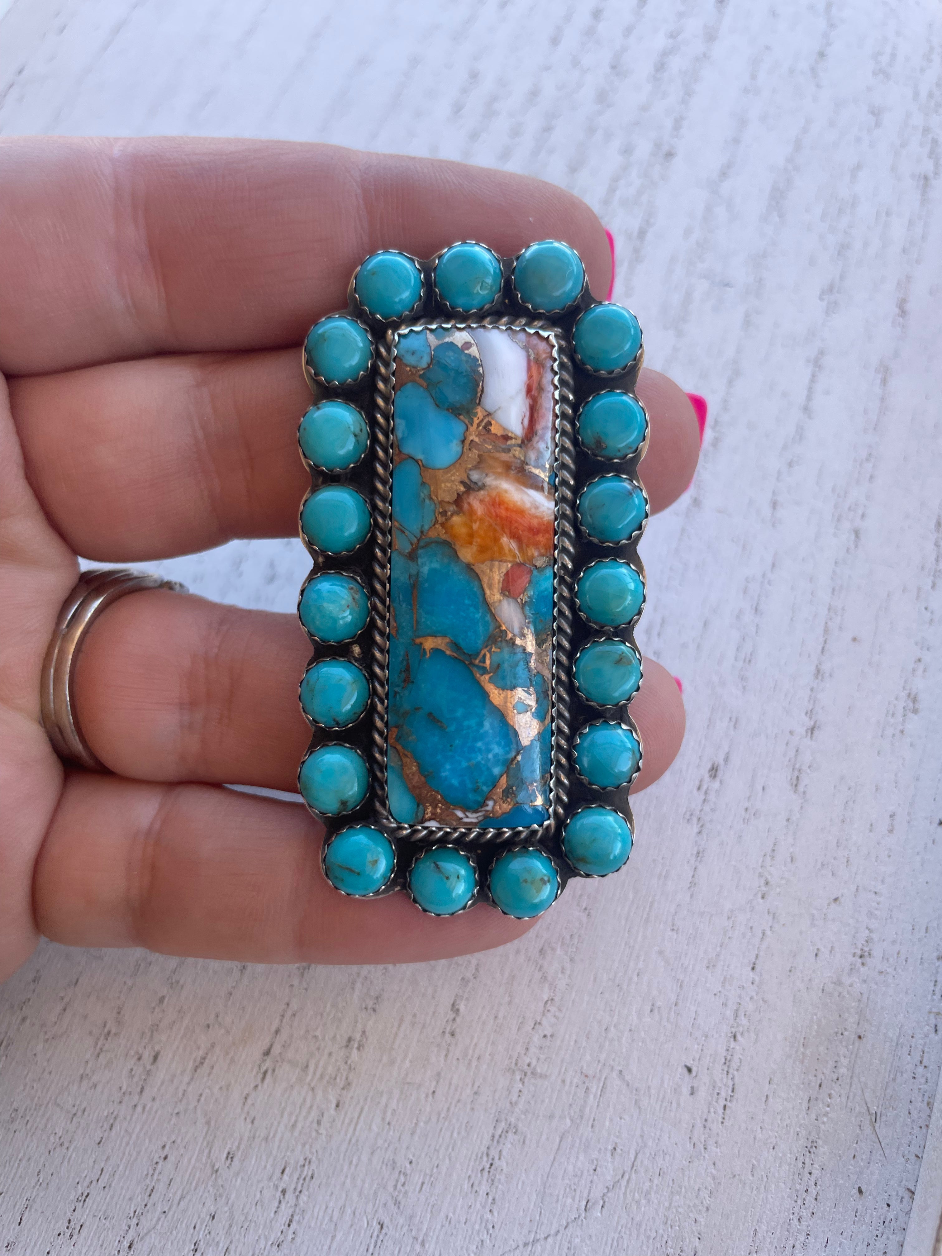 Handcrafted Turquoise, Orange Dream & Sterling Silver Adjustable Ring Signed P Yazzie