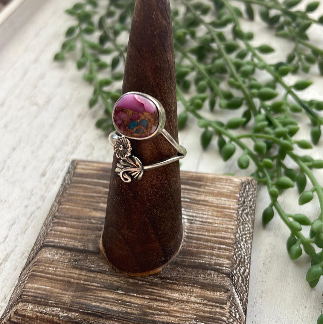 Handcrafted Sterling Silver Pink Dream Adjustable Flower & Leaf Ring