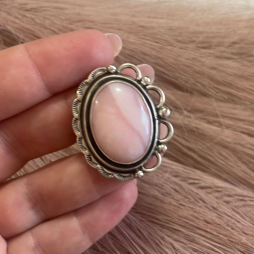 Gorgeous Navajo Pink Peruvian Opal And Sterling Silver Adjustable Ring