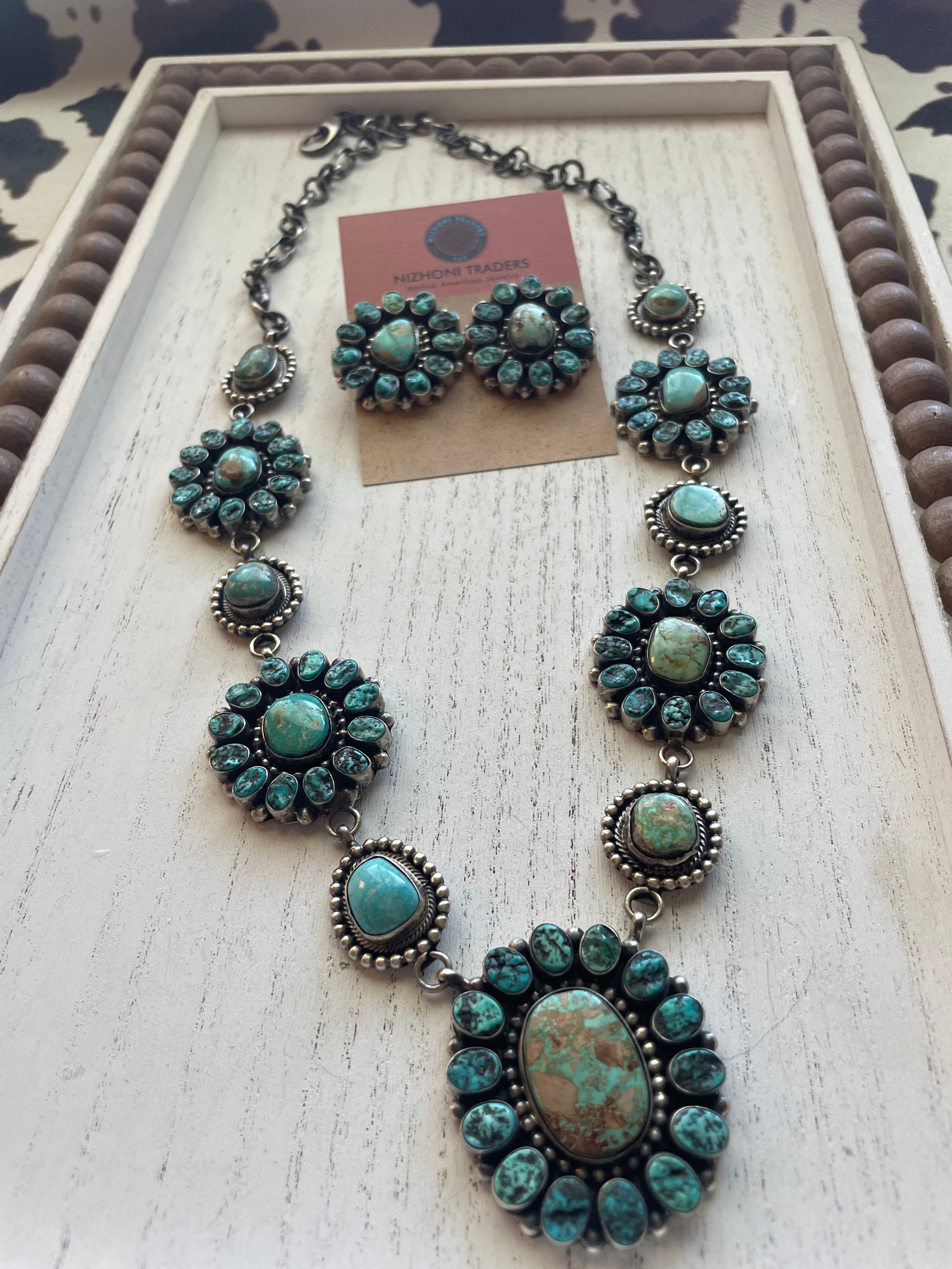 B Yellowhorse Navajo Sterling Silver Turquoise Necklace & Earring Set Signed