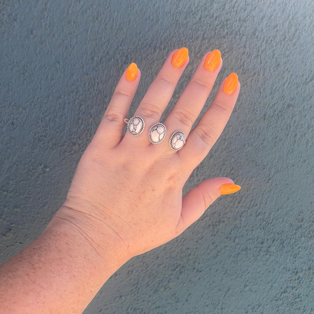 Handcrafted Sterling Silver White Buffalo Adjustable Triple Threat Ring Signed