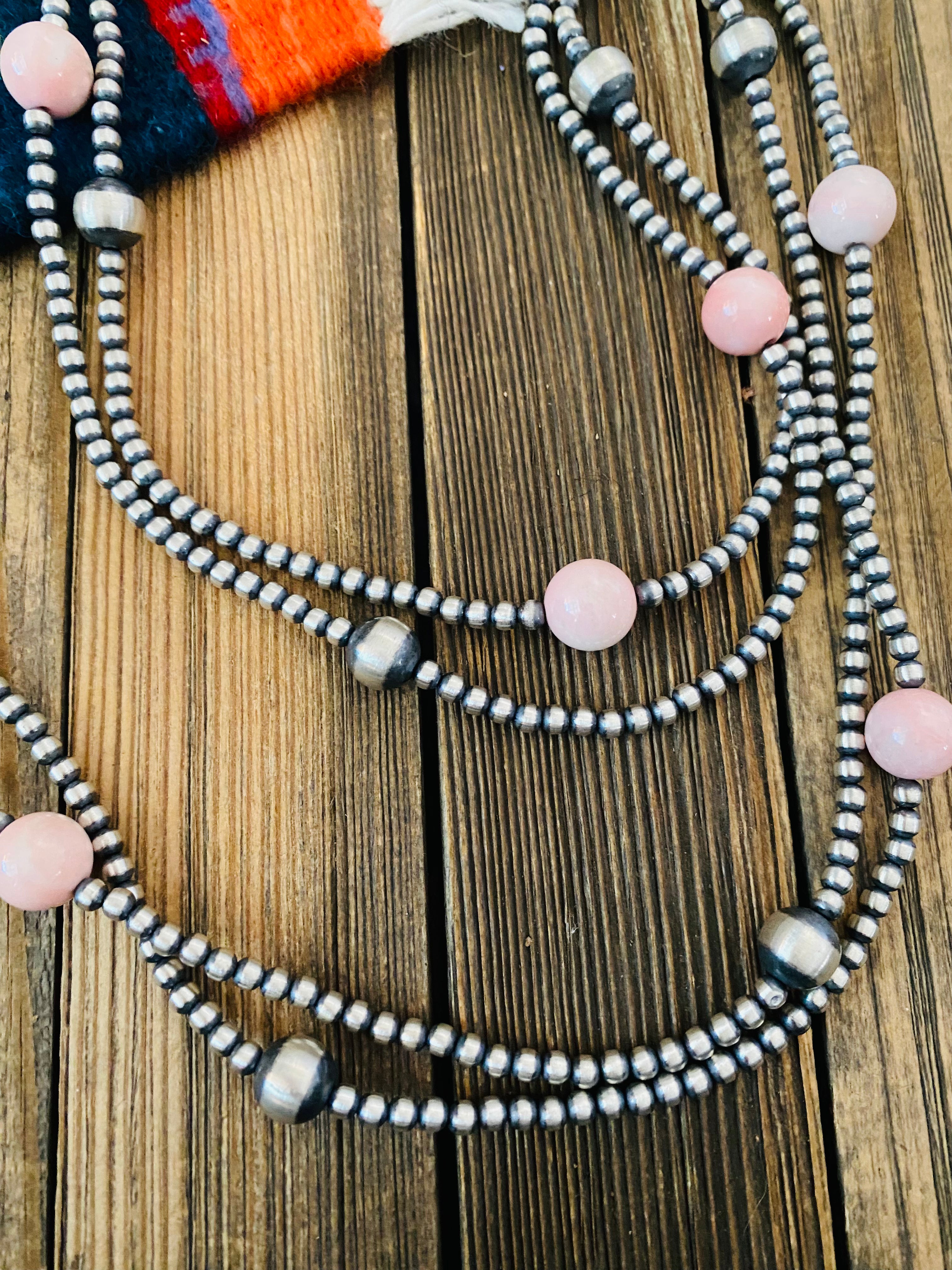 Handcrafted Sterling Silver Pearl, Turquoise & Queen Pink Conch Beaded Necklace 72”