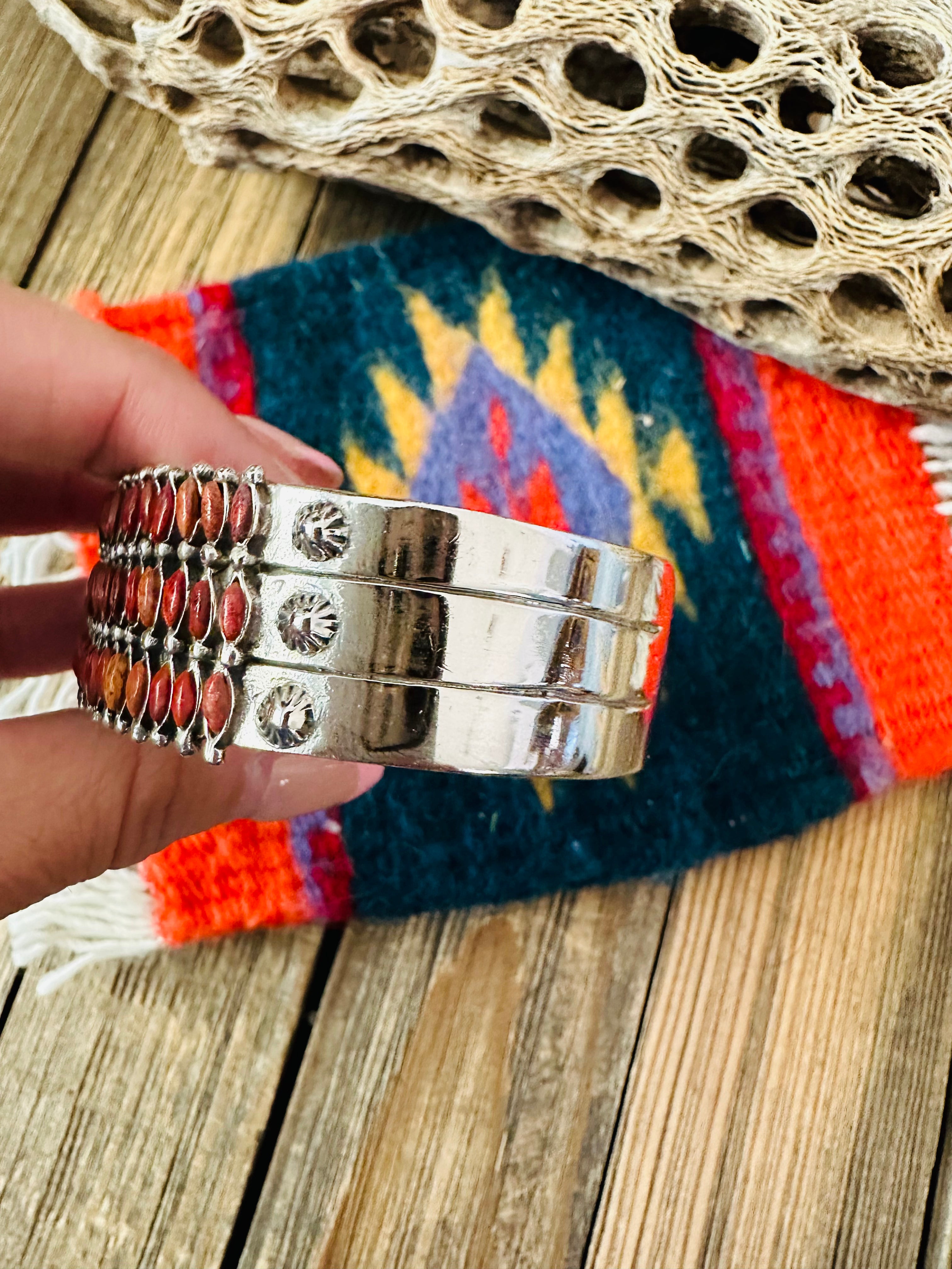 Nizhoni Handmade Sterling Silver & Coral Cuff Bracelet /