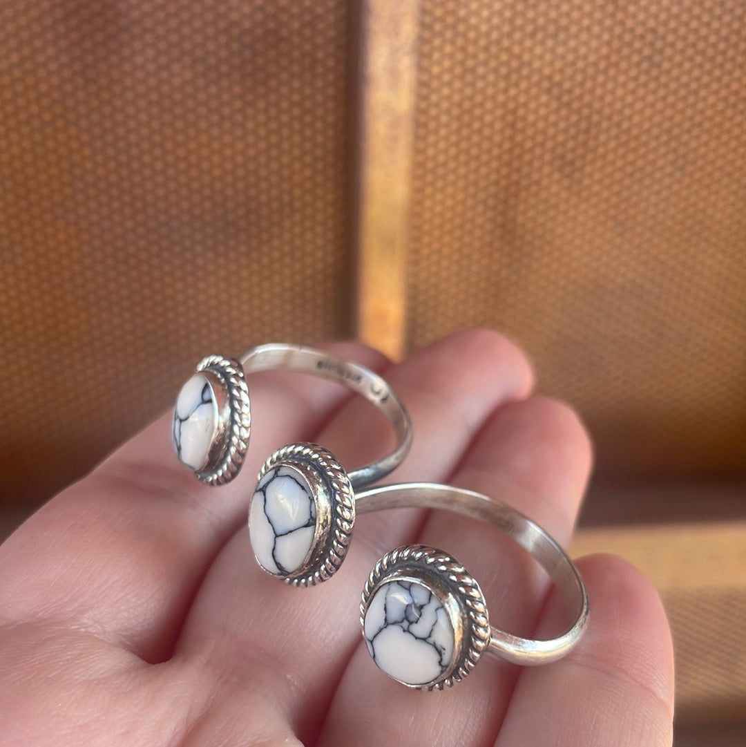 Handcrafted Sterling Silver White Buffalo Adjustable Triple Threat Ring Signed