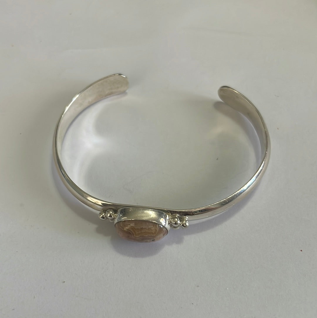 Handcrafted Sterling Silver And Rhodochrosite Adjustable Cuff Bracelet Signed T Skeets