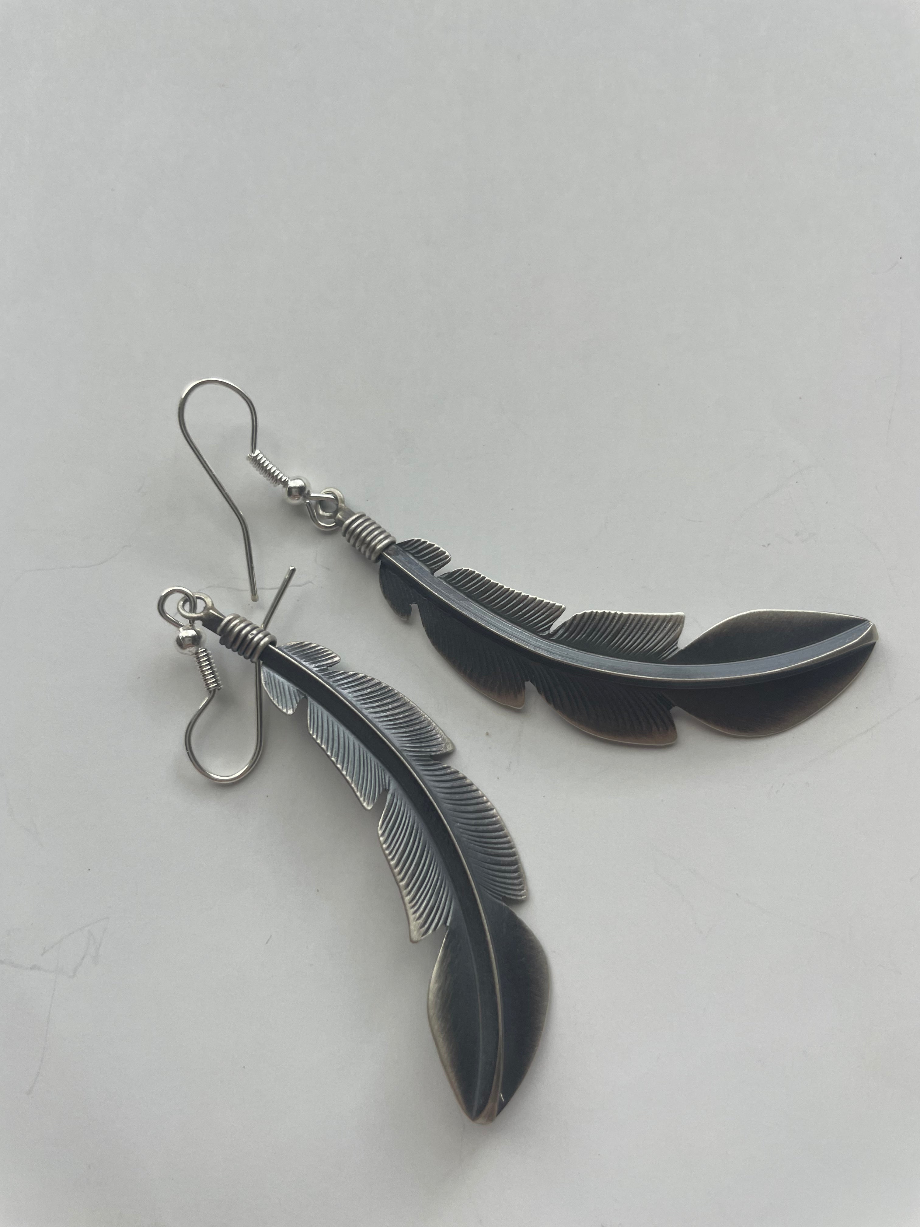 Handcrafted Sterling Silver Feather Dangle Earrings Signed Billy Long
