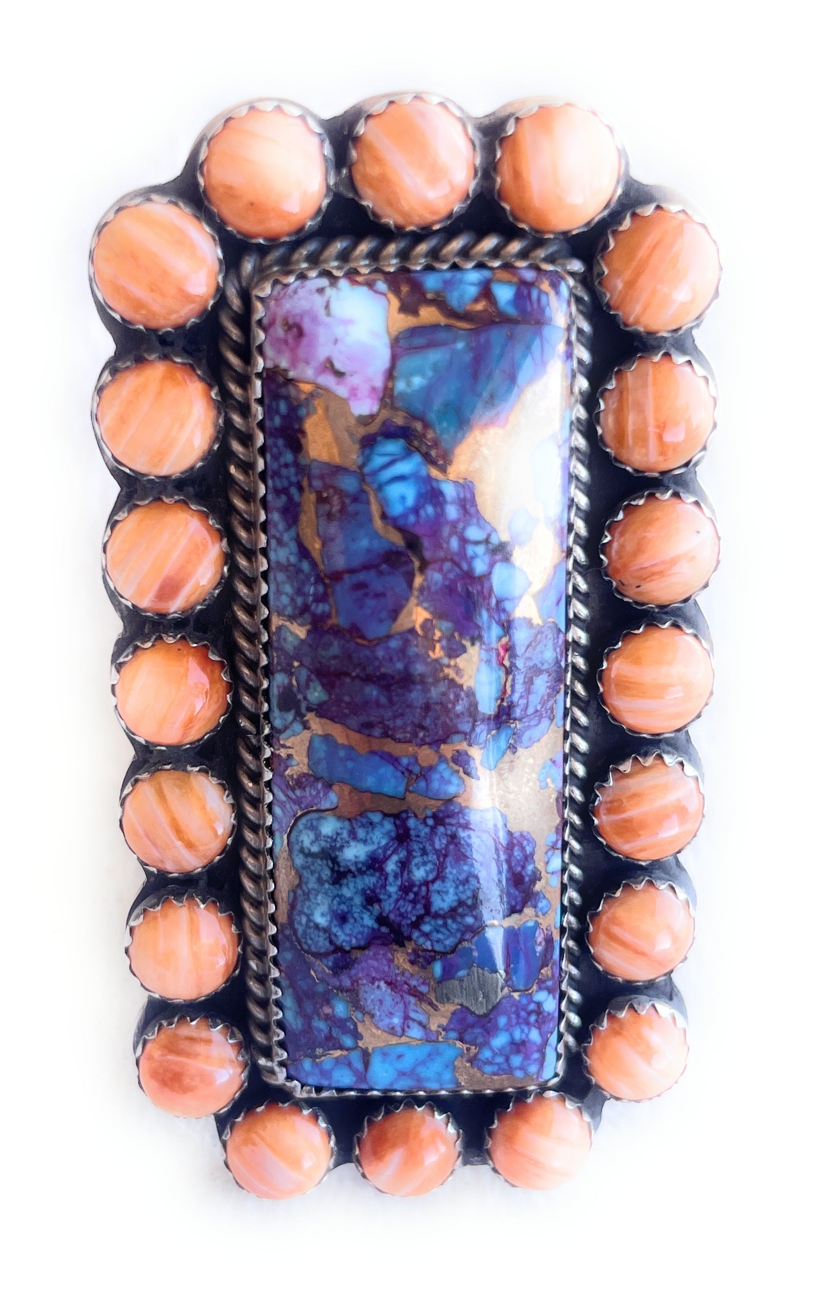 Handcrafted Orange Spiny, Purple Dream & Sterling Silver Adjustable Ring Signed P Yazzie