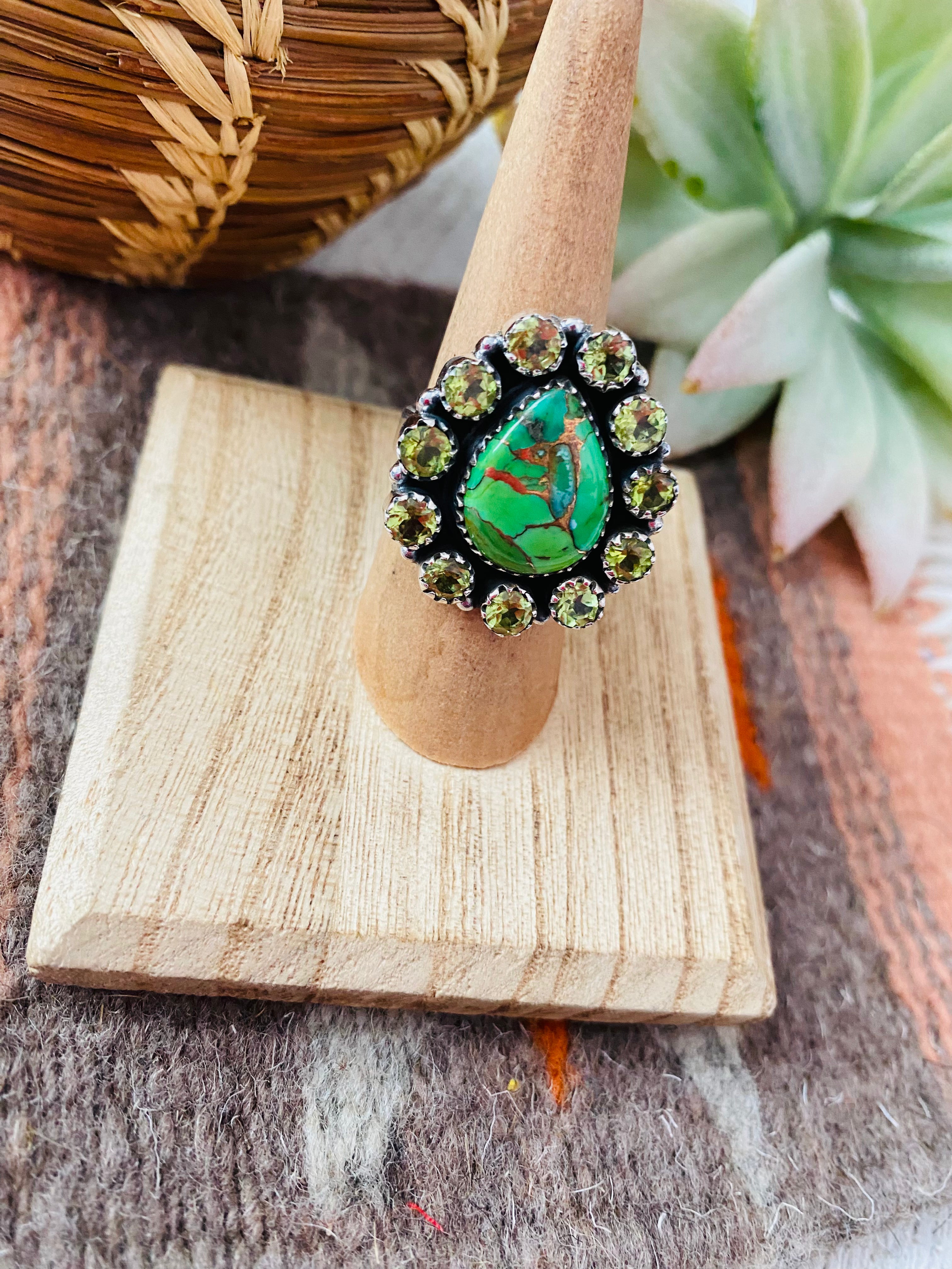 Handmade Sterling Silver, Green Mohave & Peridot Cluster Adjustable Ring