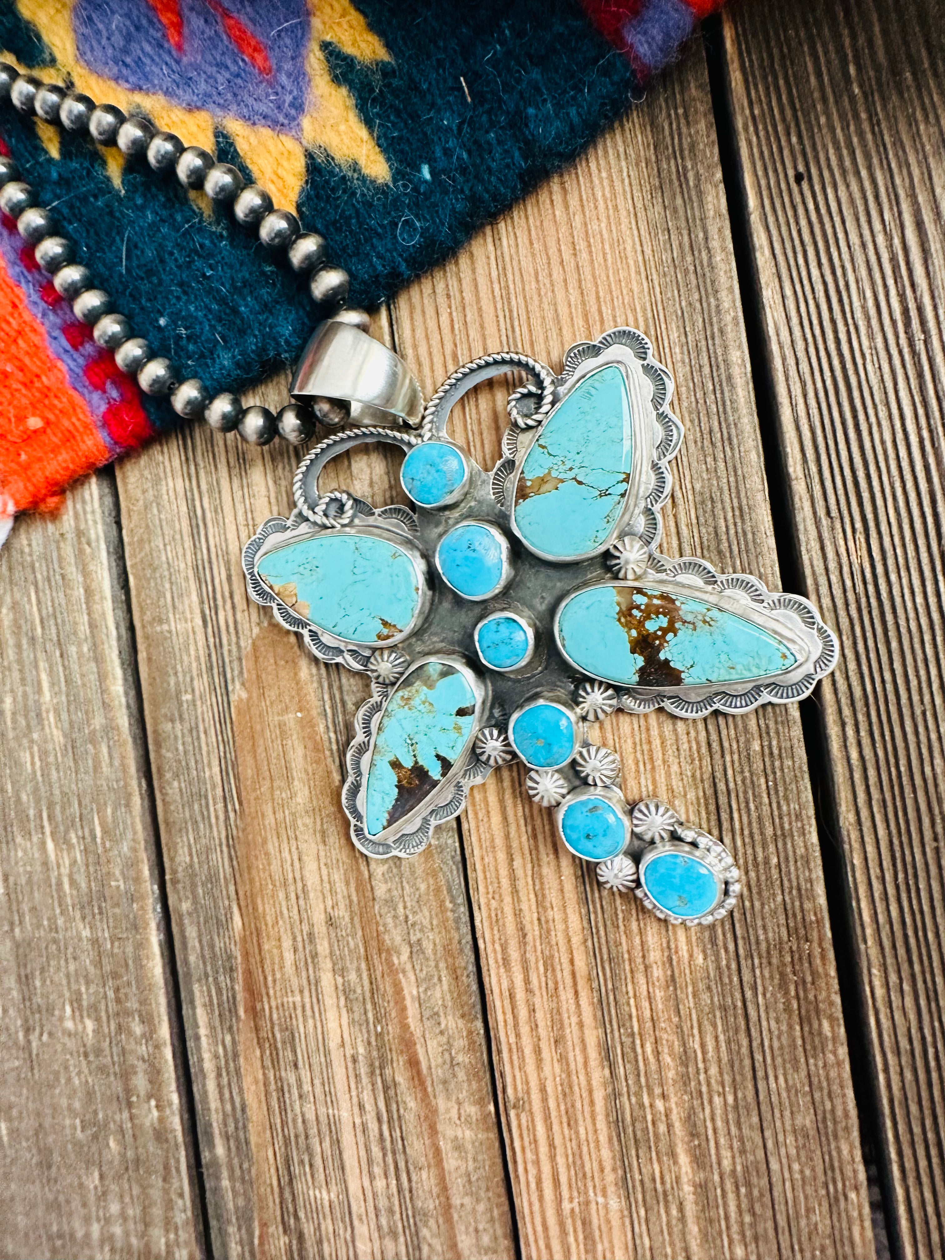 Navajo Turquoise & Sterling Silver Dragonfly Pendant By Tina Benally