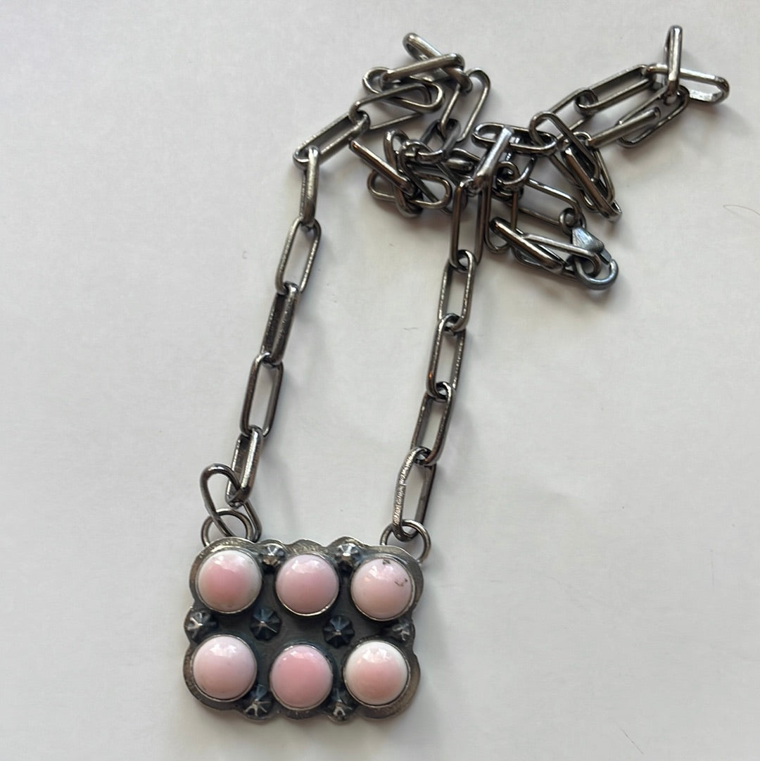 Handcrafted 6 Stone Queen Pink Conch Shell And Sterling Silver Necklace Signed