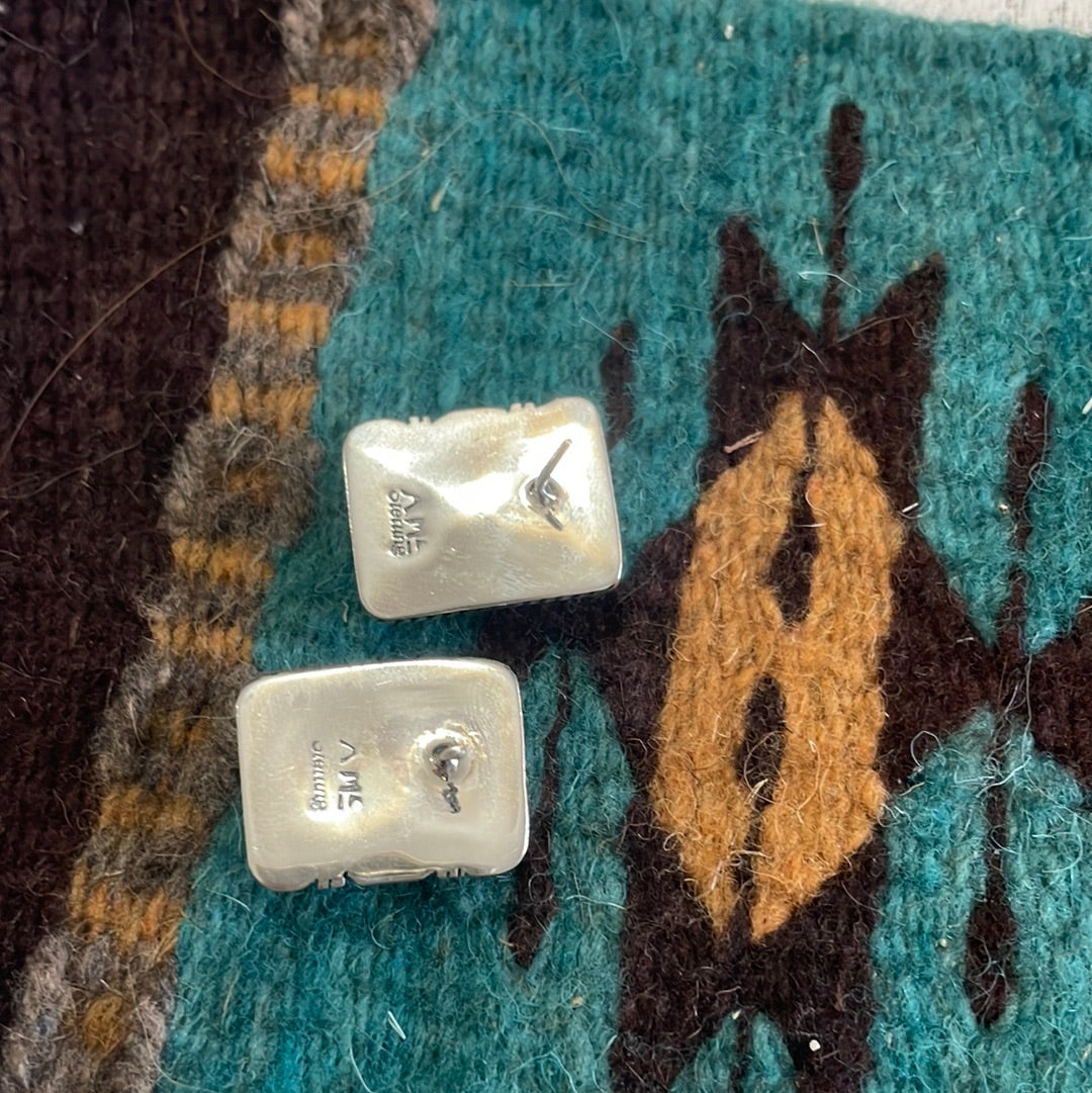 Turquoise & Sterling Silver Rectangle Earrings Signed