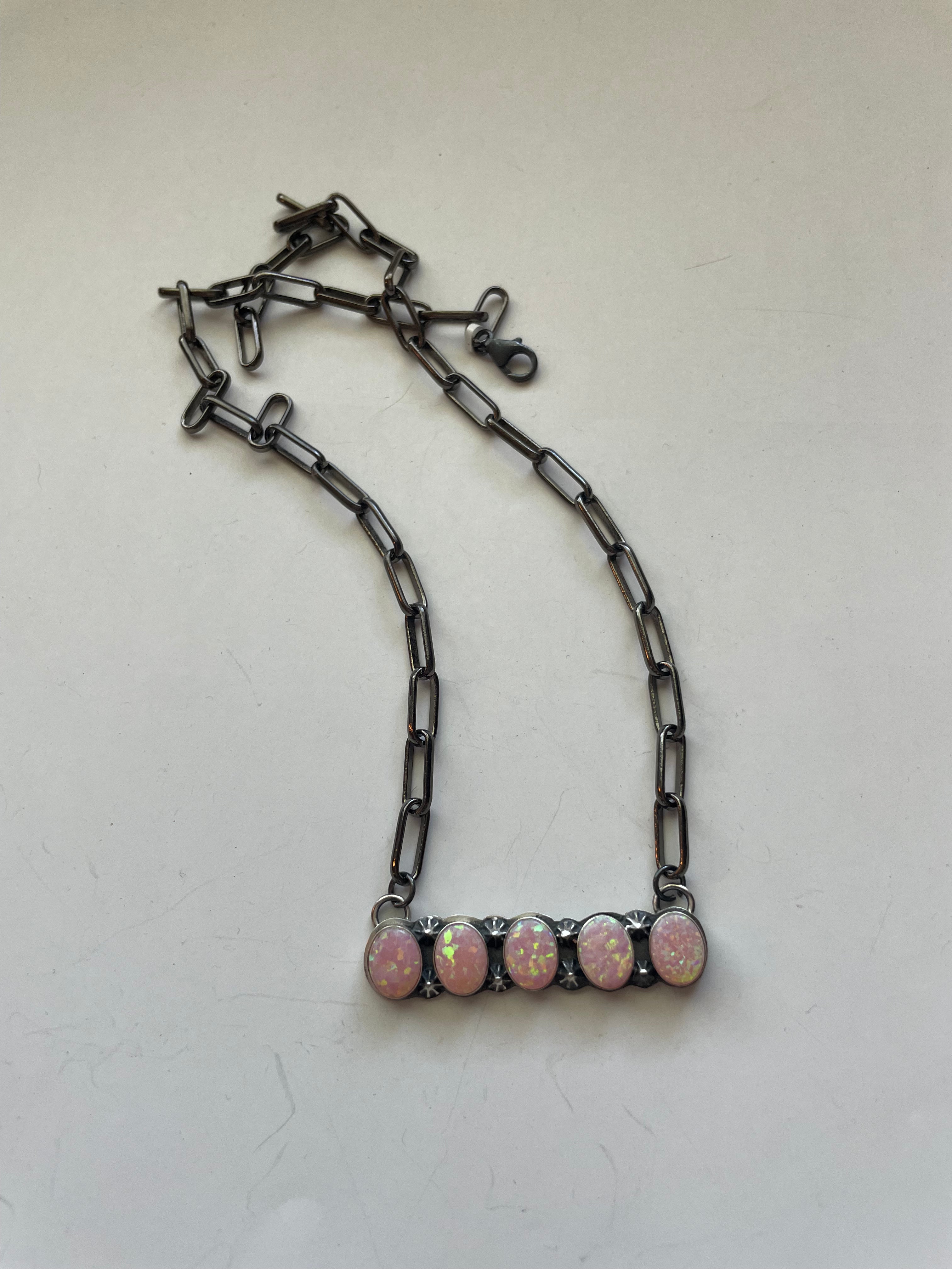Handcrafted Sterling Silver & Pink Opal Bar Necklace 16 inch Signed