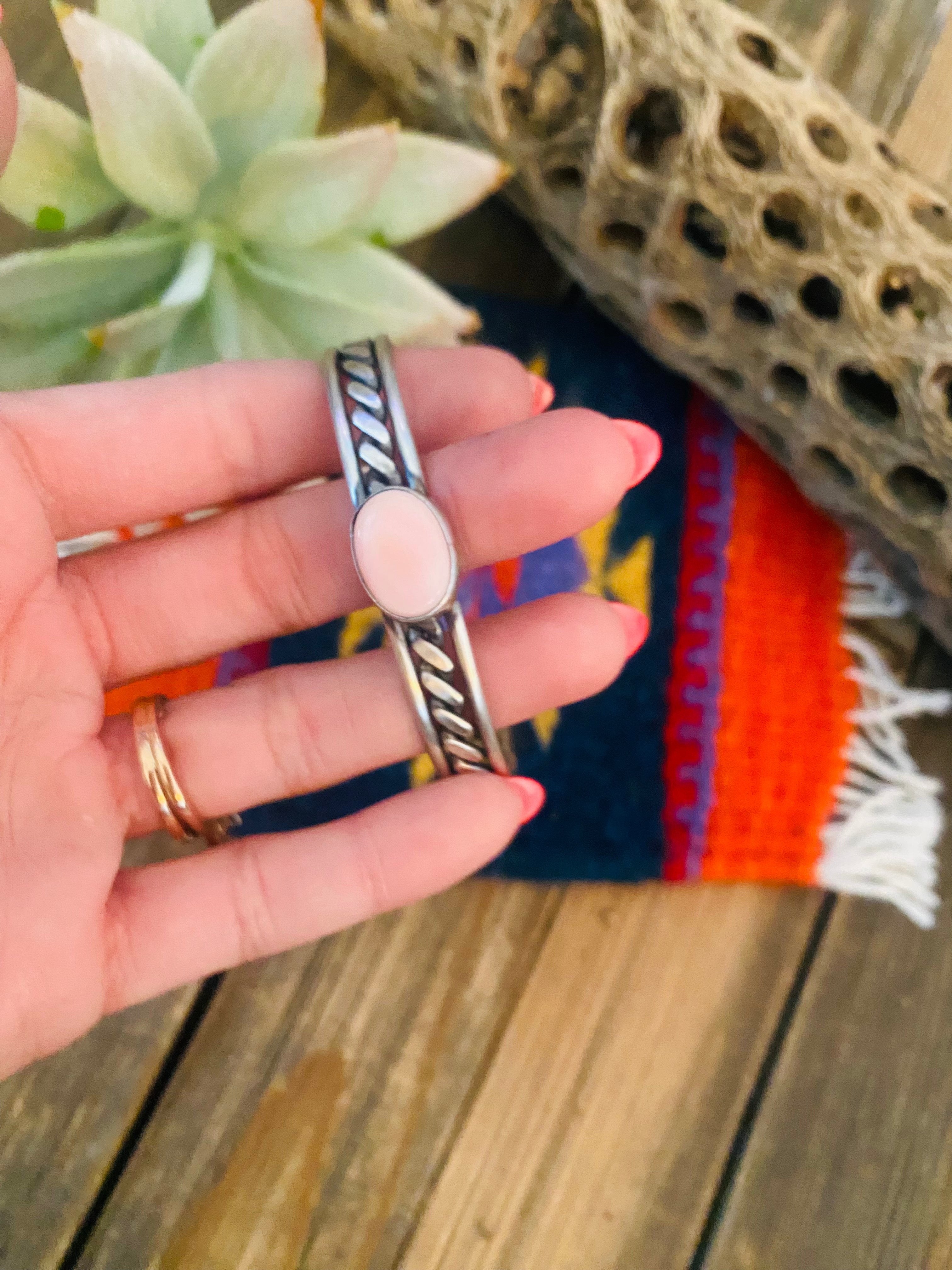 Handcrafted Queen Pink Conch Shell & Sterling Silver Cuff Bracelet