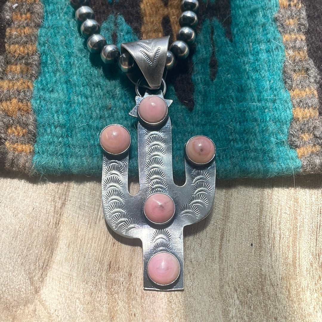 Handcrafted Sterling Silver Pink Conch Saguaro Cactus Pendant Signed