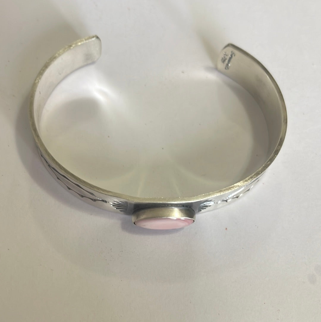 Pink Conch & Sterling Silver Adjustable Cuff Bracelet Signed