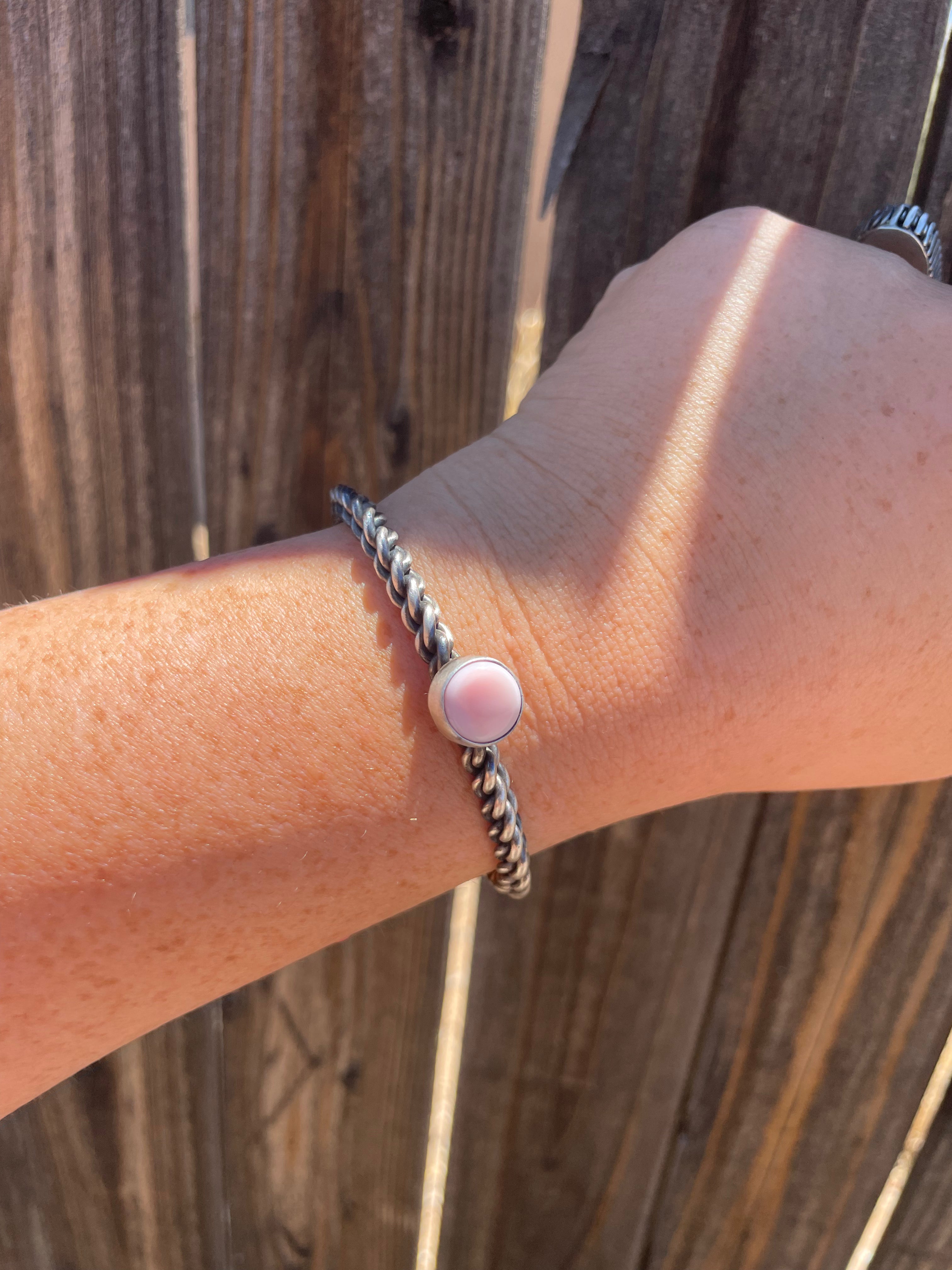 Handcrafted Circle Pink Conch & Sterling Silver Adjustable Cuff Bracelet