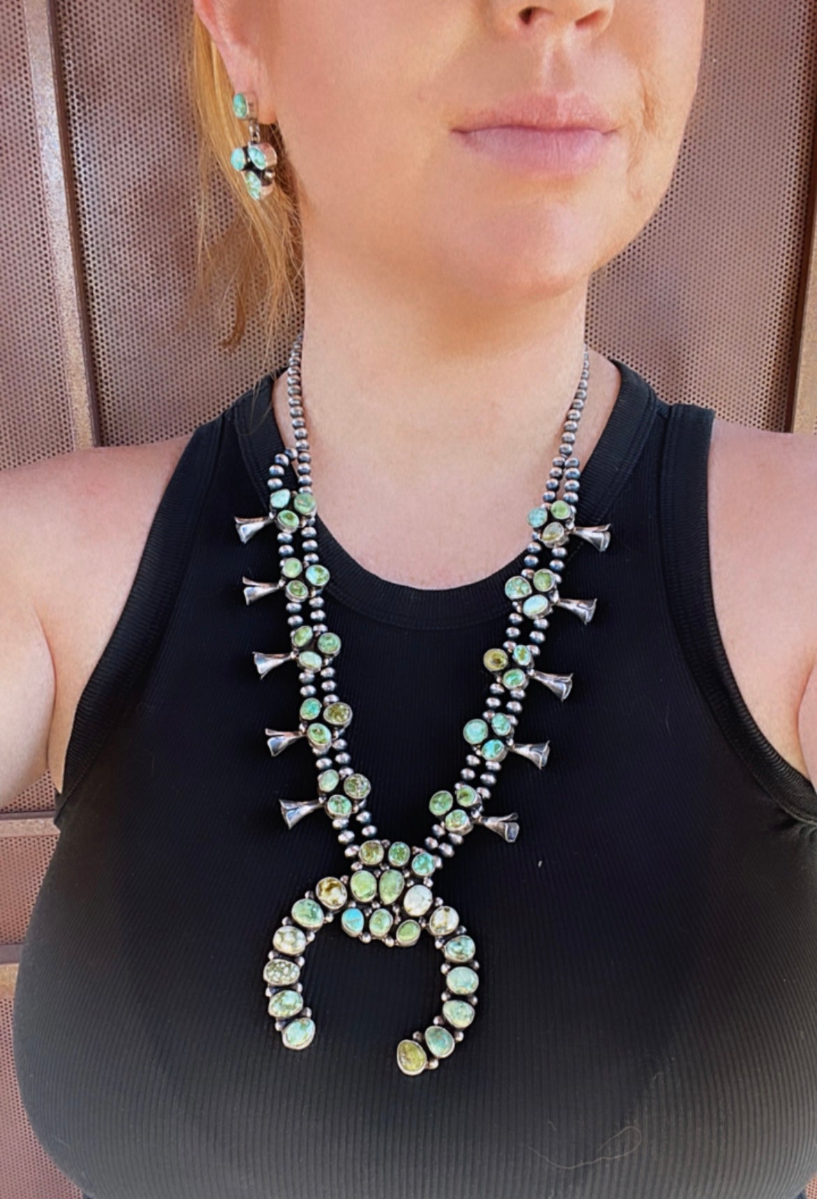 Navajo Sonoran Turquoise & Sterling Squash Blossom Set Signed Kathleen Chavez