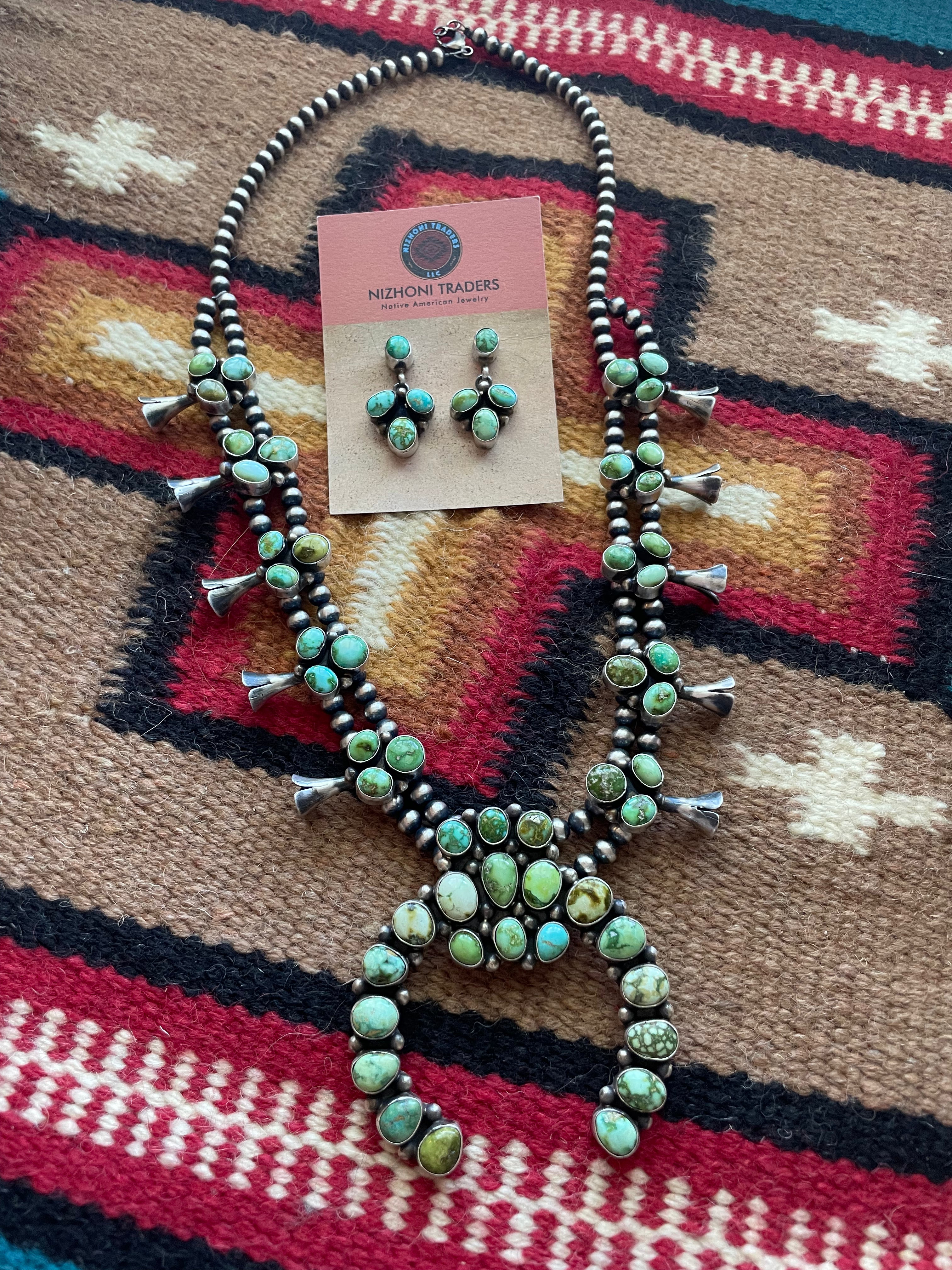 Navajo Sonoran Turquoise & Sterling Squash Blossom Set Signed Kathleen Chavez