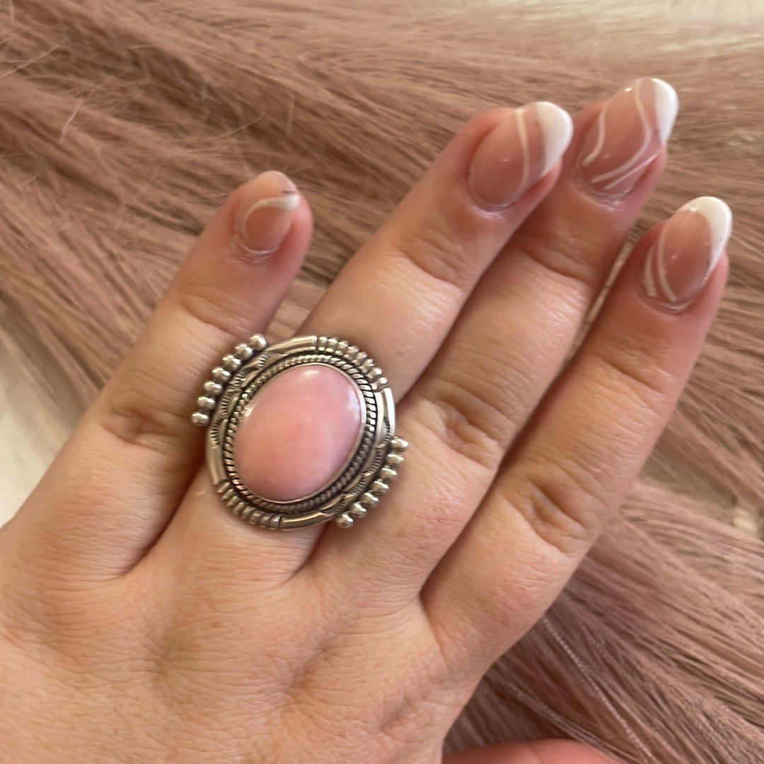 Gorgeous Navajo Pink Peruvian Opal And Sterling Silver Adjustable Ring
