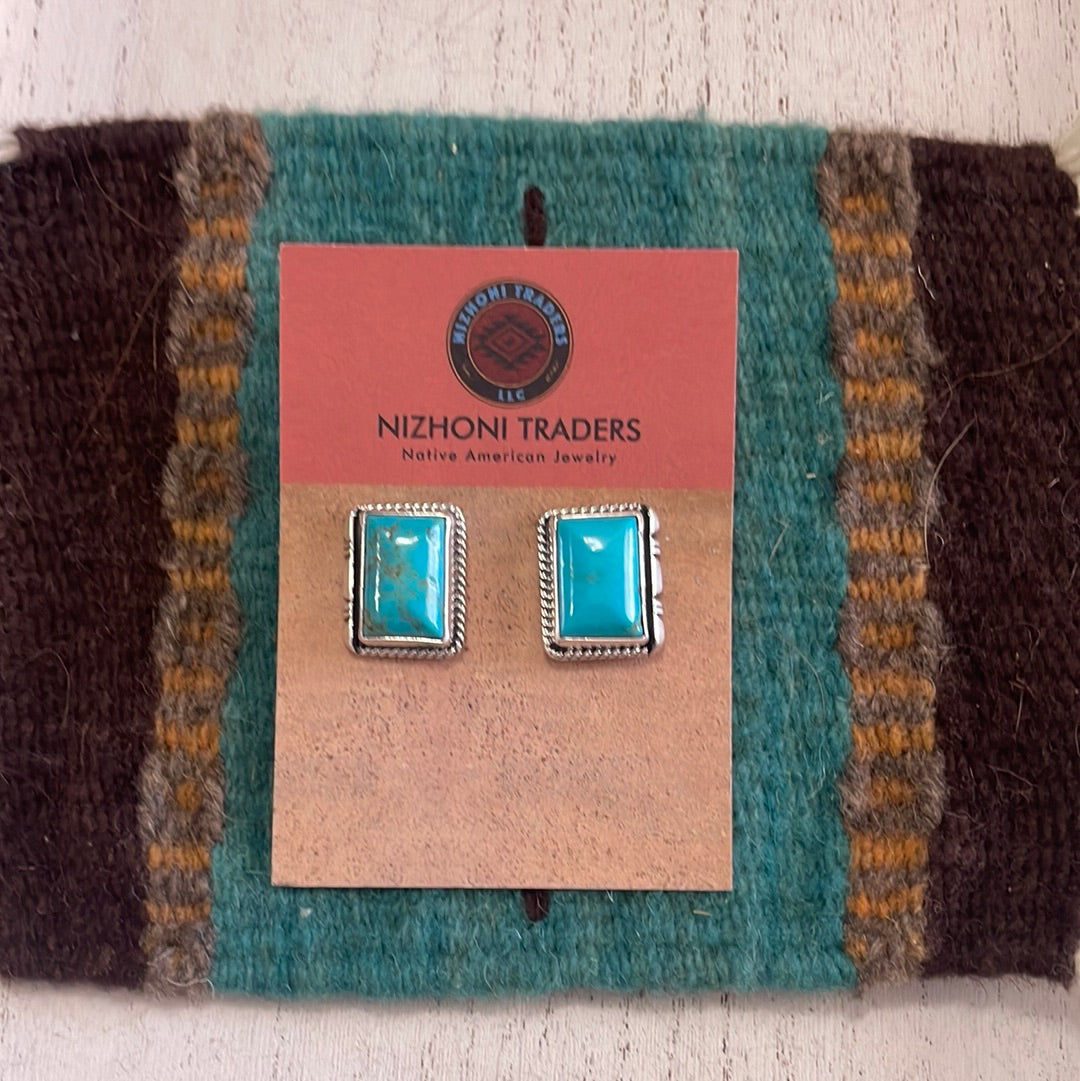 Turquoise & Sterling Silver Rectangle Earrings Signed